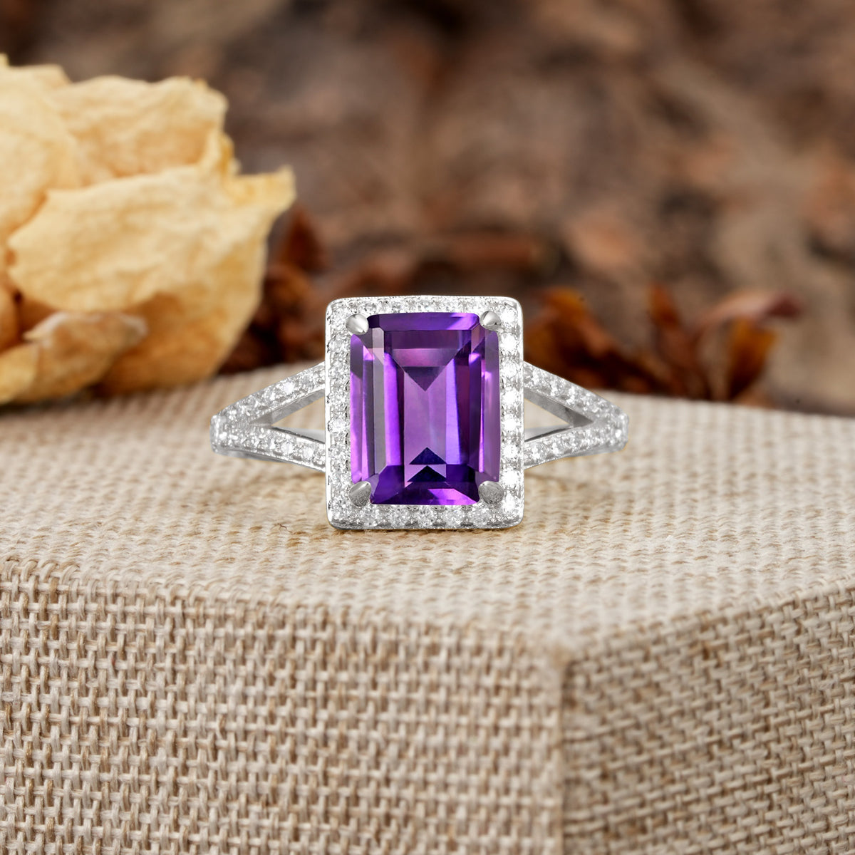 Unique & Classic 4-Prong Emerald Cut Amethyst Engagement Ring - Additional view