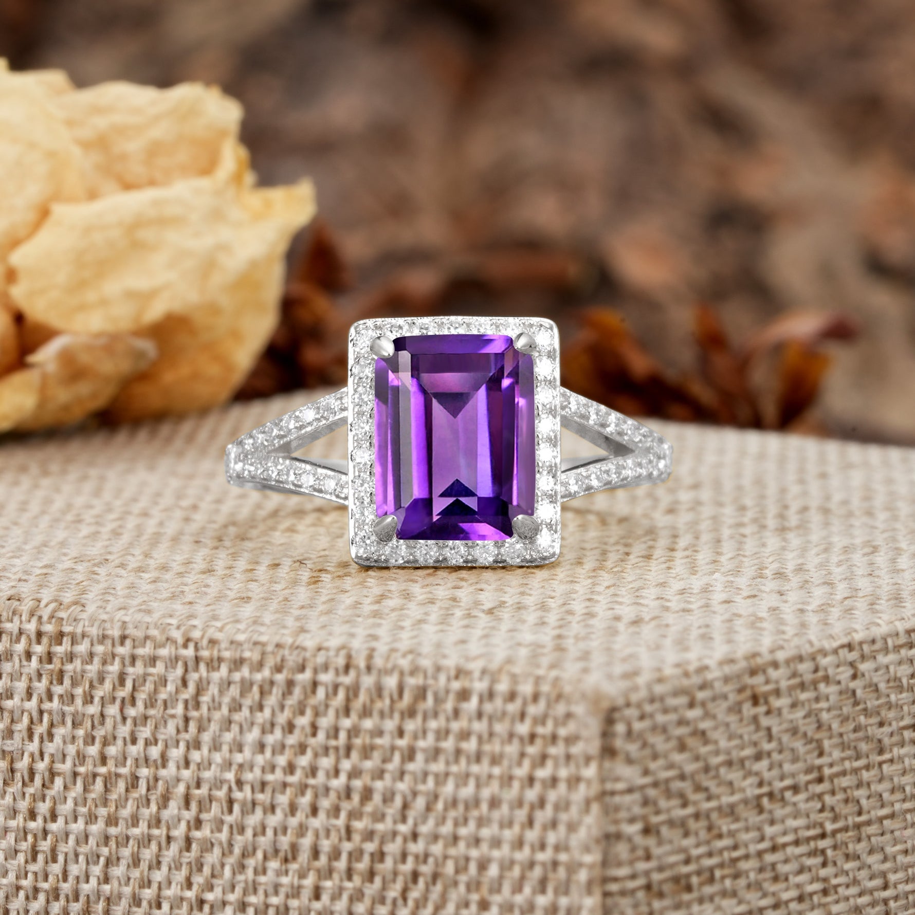 Unique & Classic 4-Prong Emerald Cut Amethyst Engagement Ring - Additional view