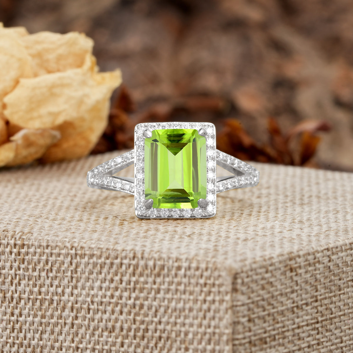 Unique & Classic 4-Prong Emerald Cut Peridot Engagement Ring - Additional view