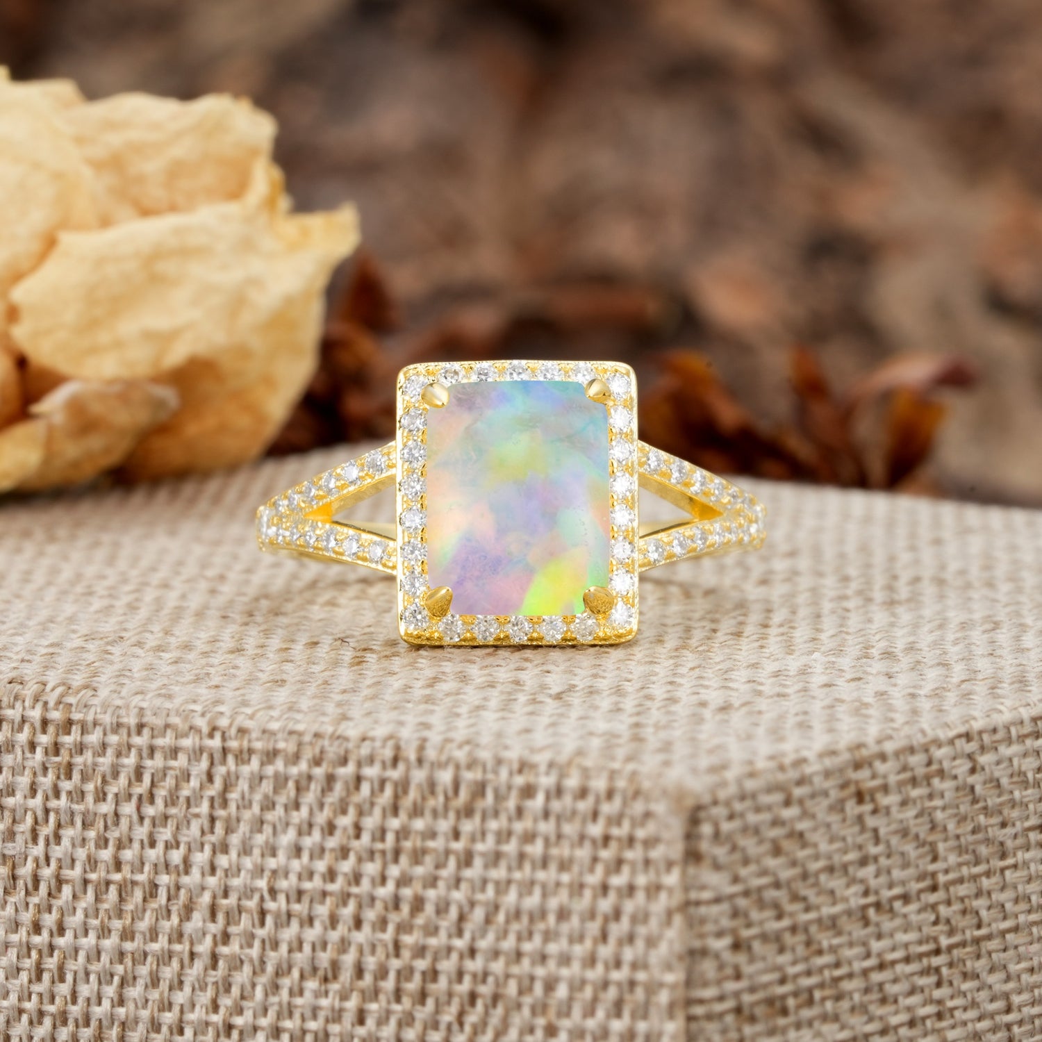 Unique & Classic 4-Prong Emerald Cut Fire Opal Engagement Ring - Additional view