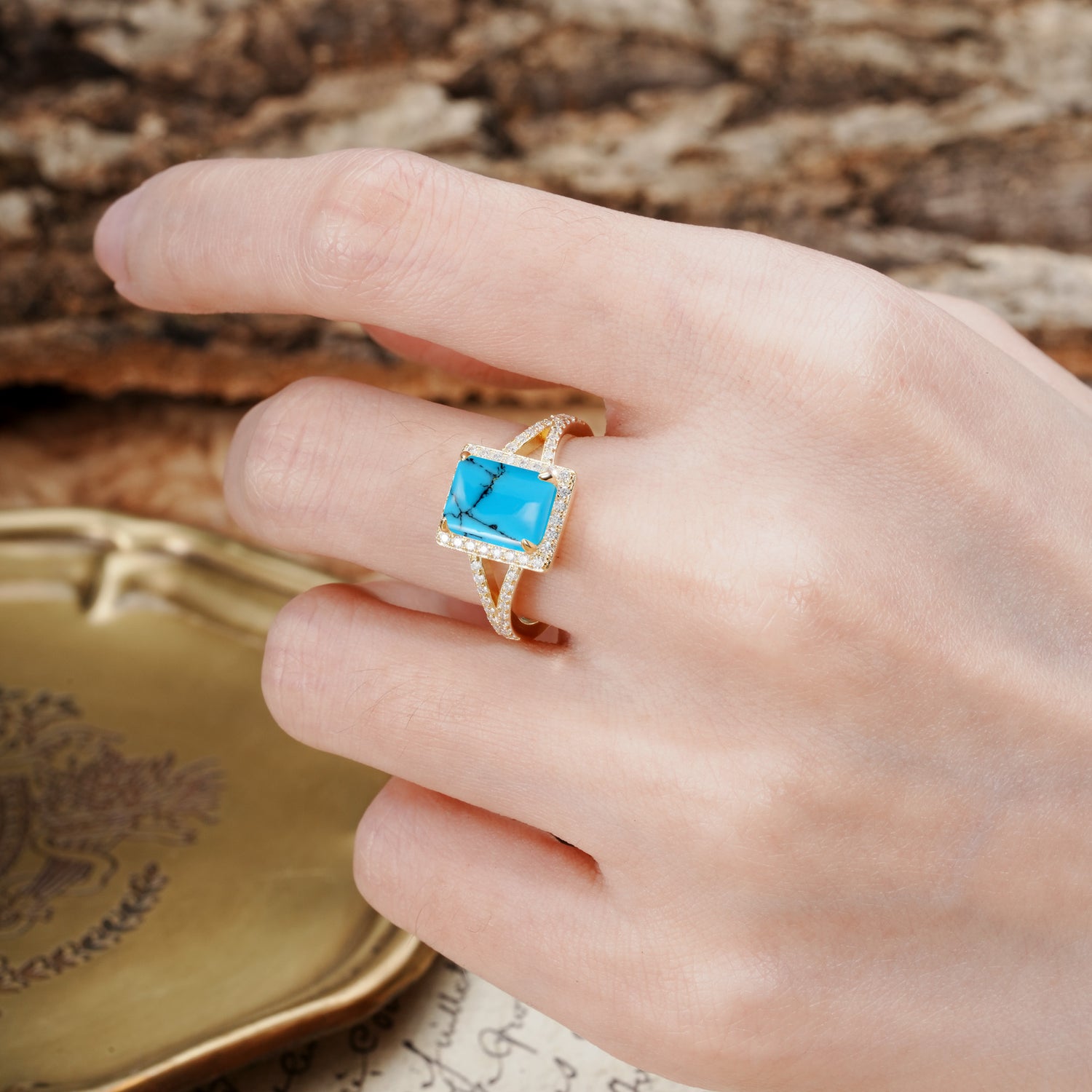 Unique & Classic 4-Prong Emerald Cut Turquoise Engagement Ring
