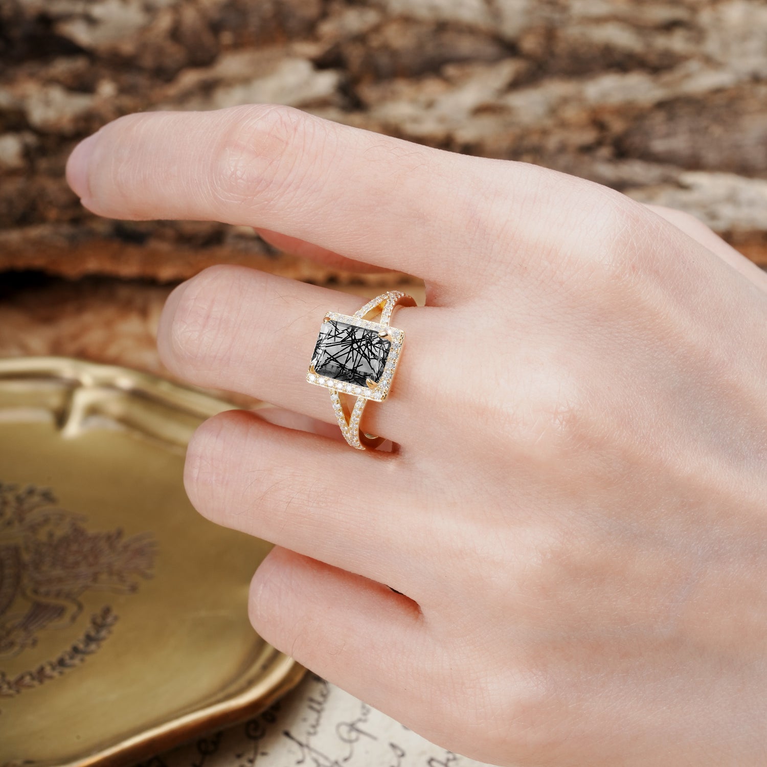 Unique & Classic 4-Prong Emerald Cut Black Rutilated Quartz Engagement Ring