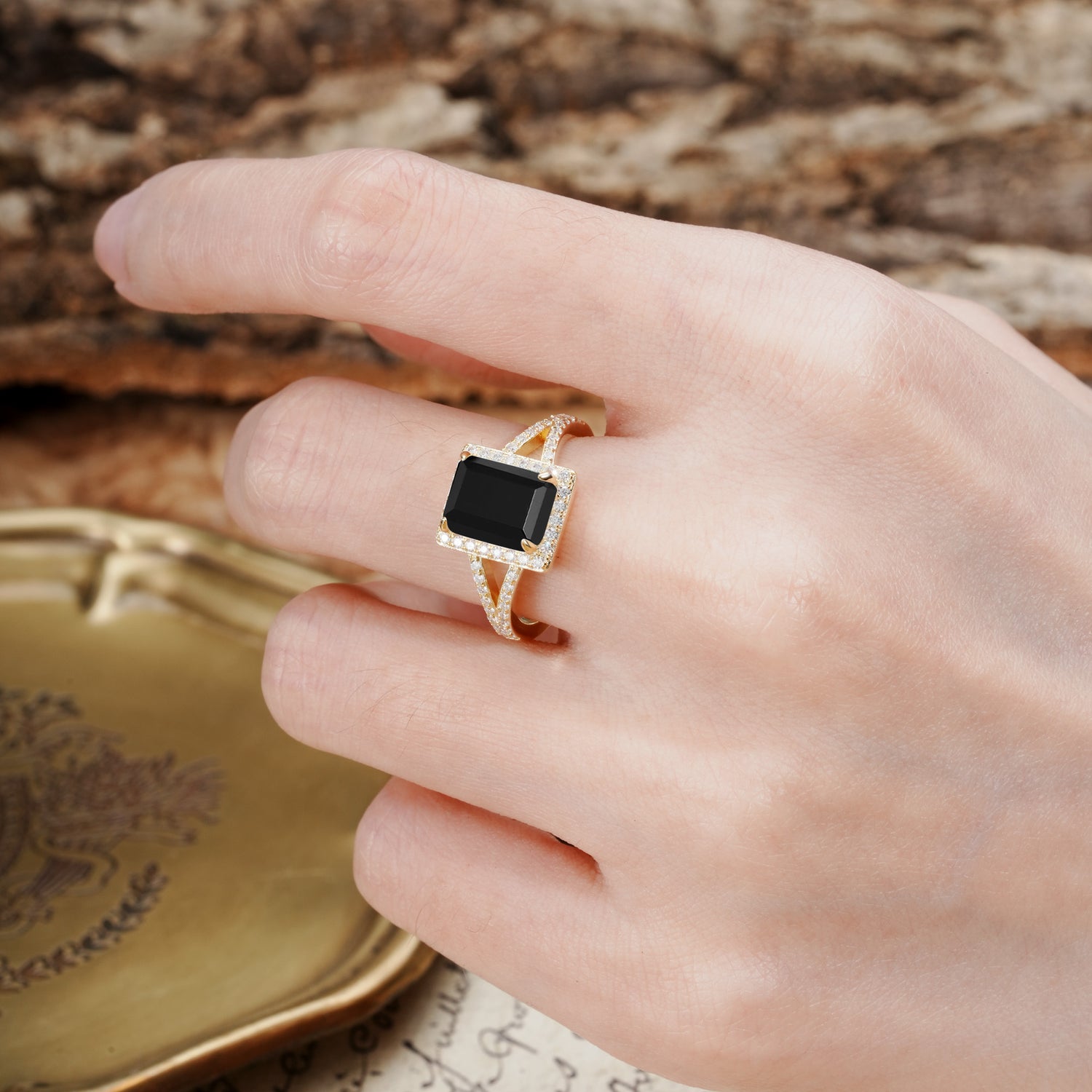 Unique & Classic 4-Prong Emerald Cut Black Onyx Engagement Ring