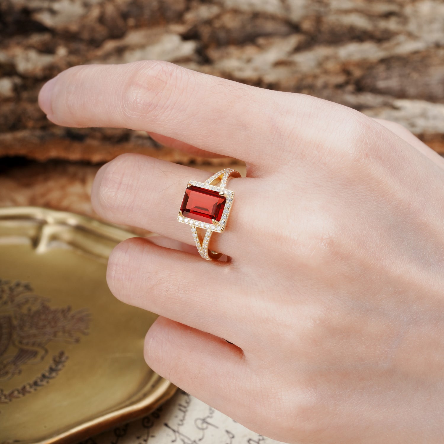 Unique & Classic 4-Prong Emerald Cut Garnet Engagement Ring