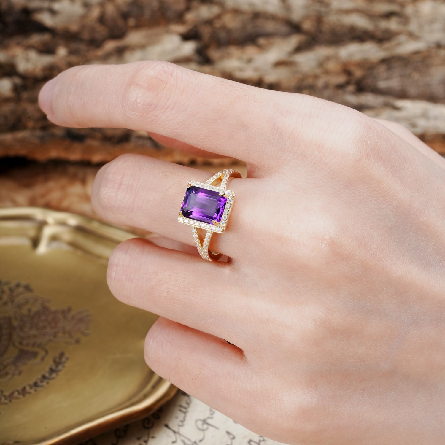 Unique & Classic 4-Prong Emerald Cut Amethyst Engagement Ring