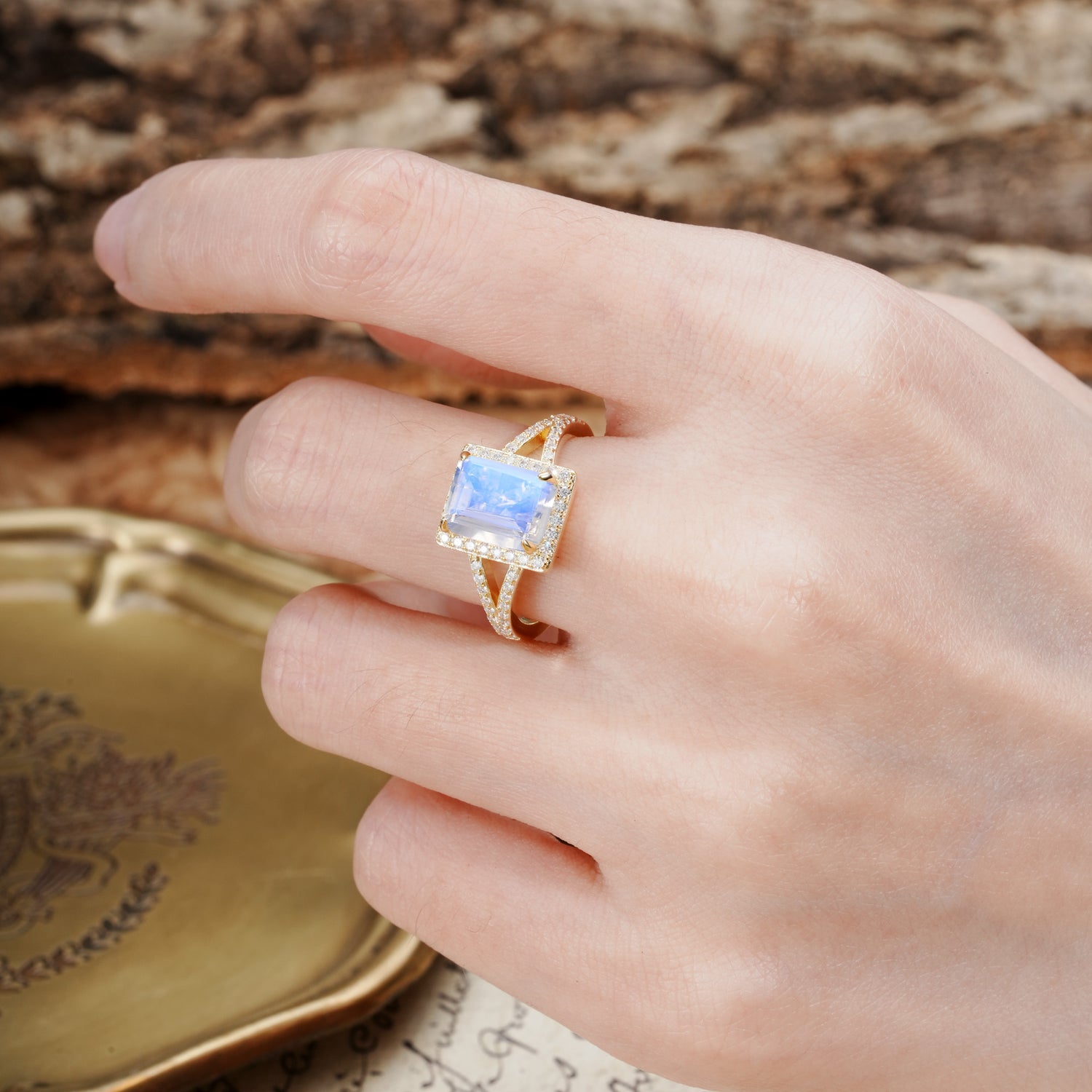 Unique & Classic 4-Prong Emerald Cut Moonstone Engagement Ring