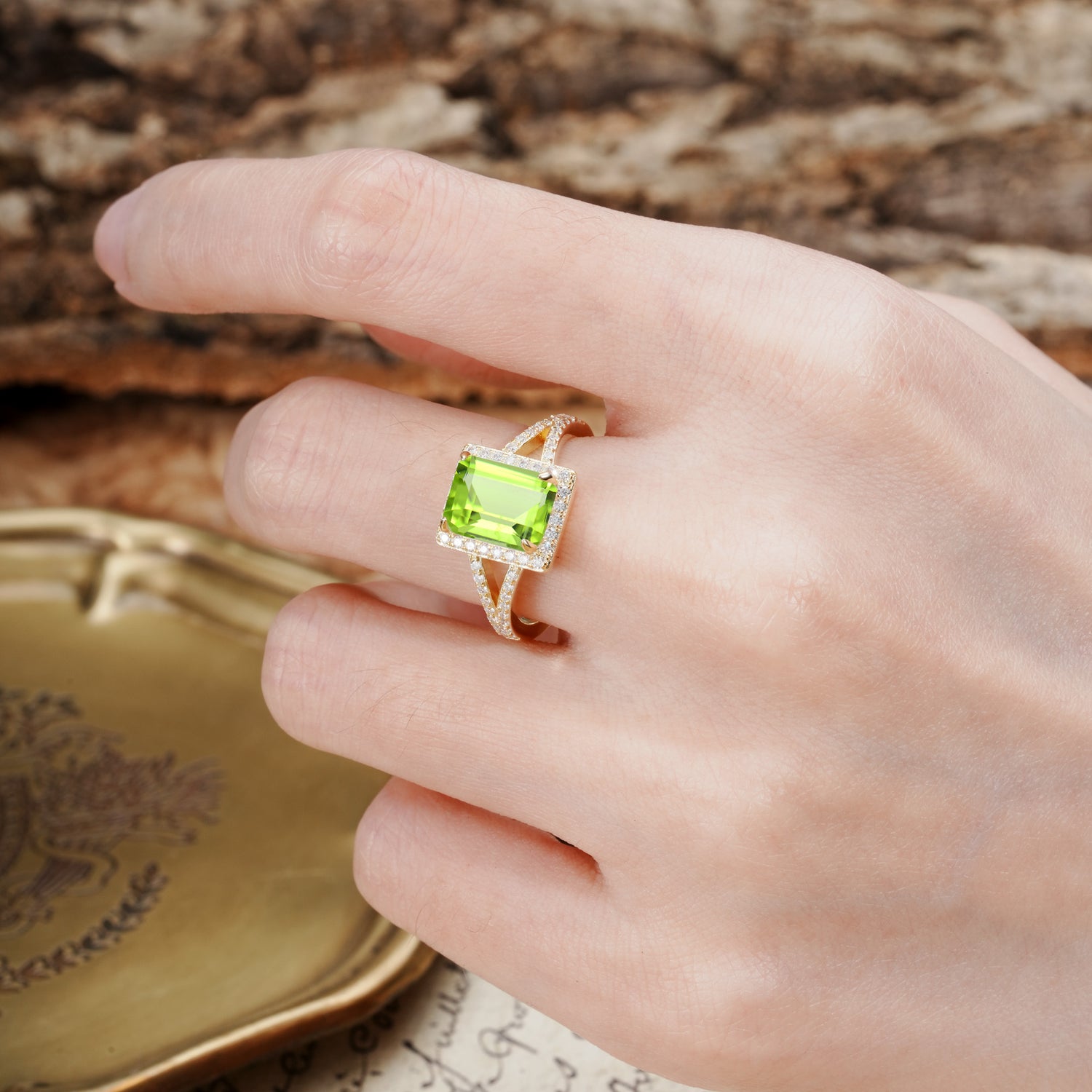 Unique & Classic 4-Prong Emerald Cut Peridot Engagement Ring