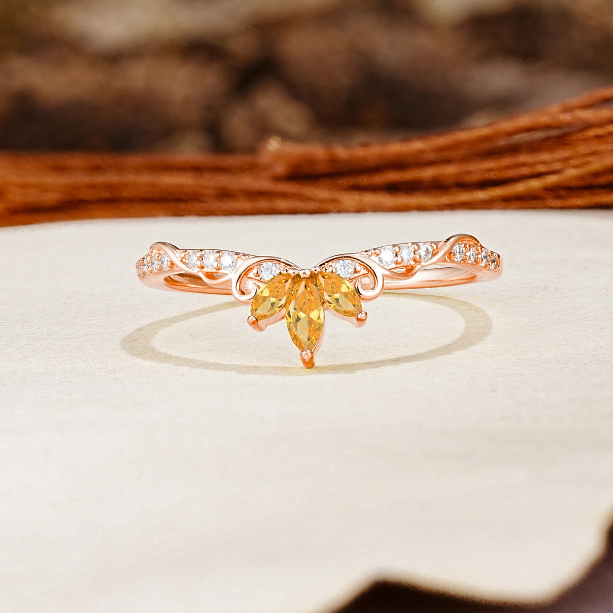 Nature-Inspired Twisted & Entwined 2-Prong Marquise Cut Citrine Wedding Ring - Additional view