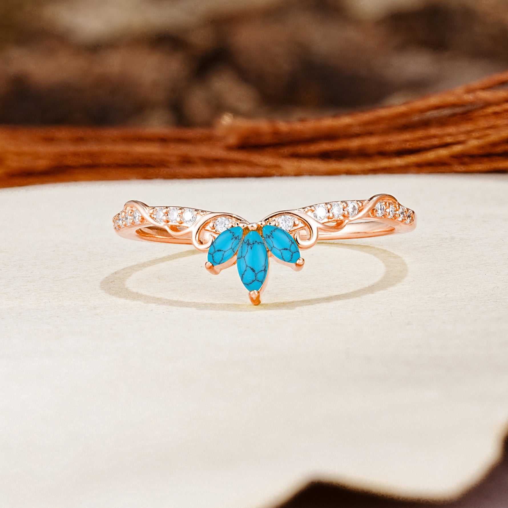 Nature-Inspired Twisted & Entwined 2-Prong Marquise Cut Turquoise Wedding Ring - Additional view
