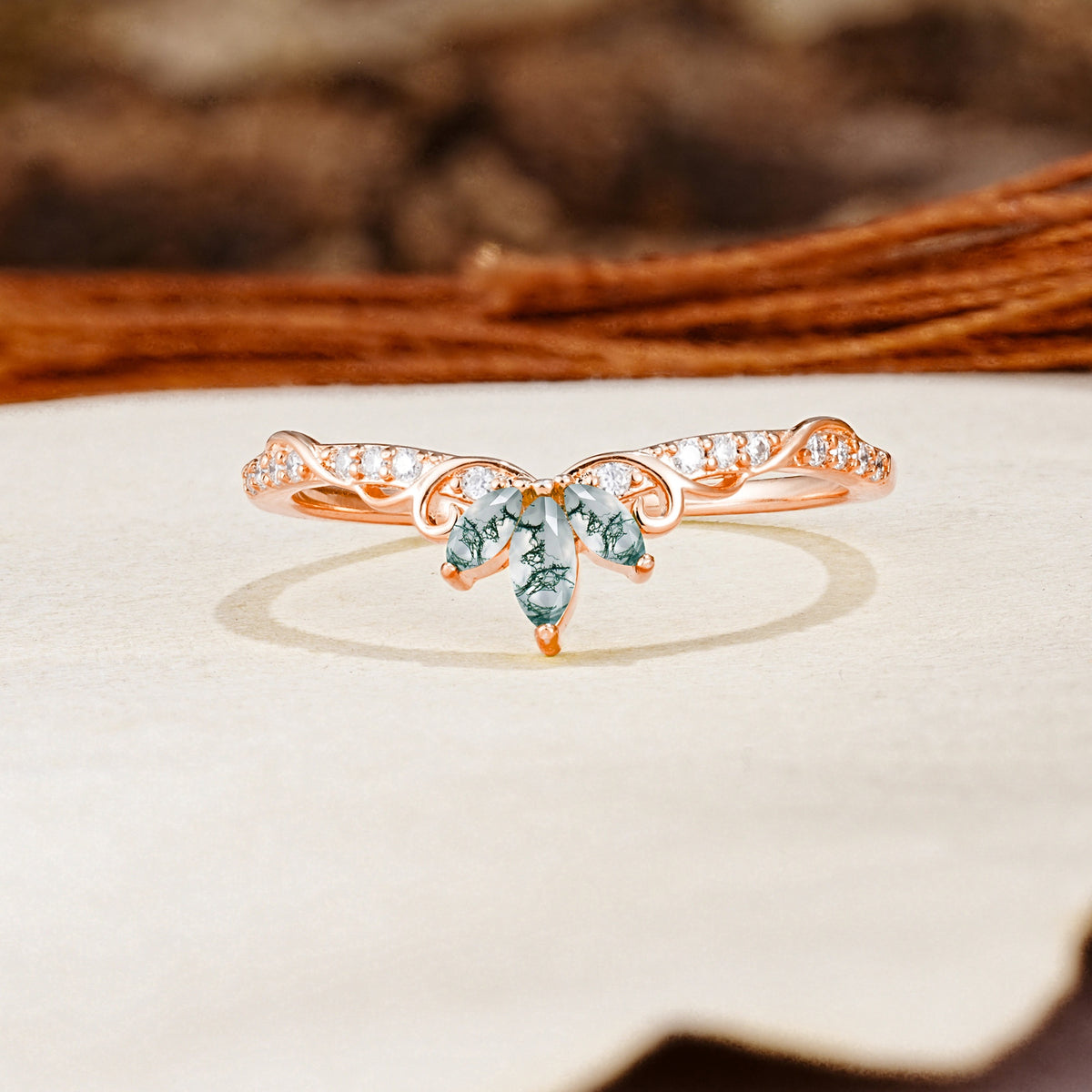Nature-Inspired Twisted & Entwined 2-Prong Marquise Cut Moss Agate Wedding Ring - Additional view