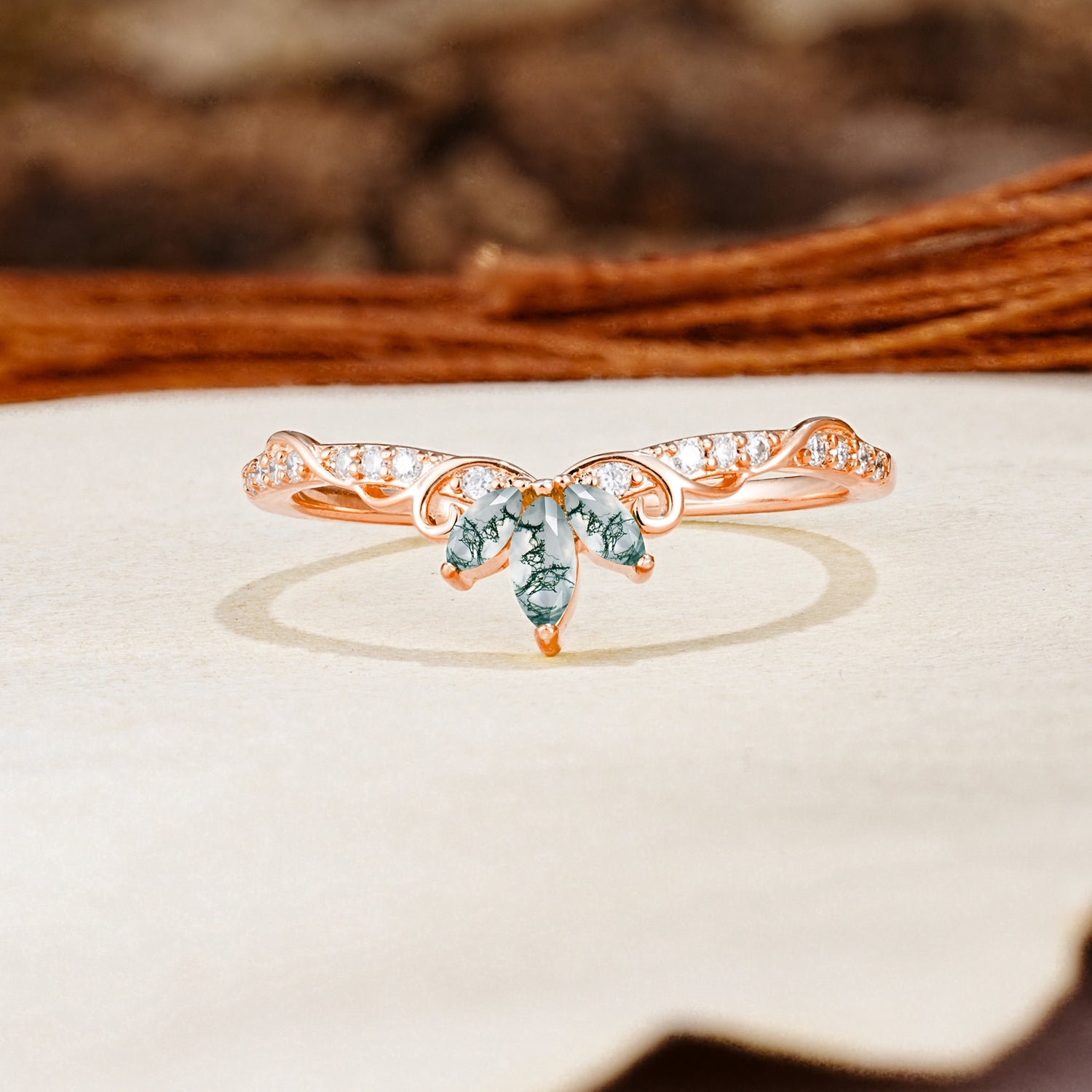 Nature-Inspired Twisted & Entwined 2-Prong Marquise Cut Moss Agate Wedding Ring - Additional view