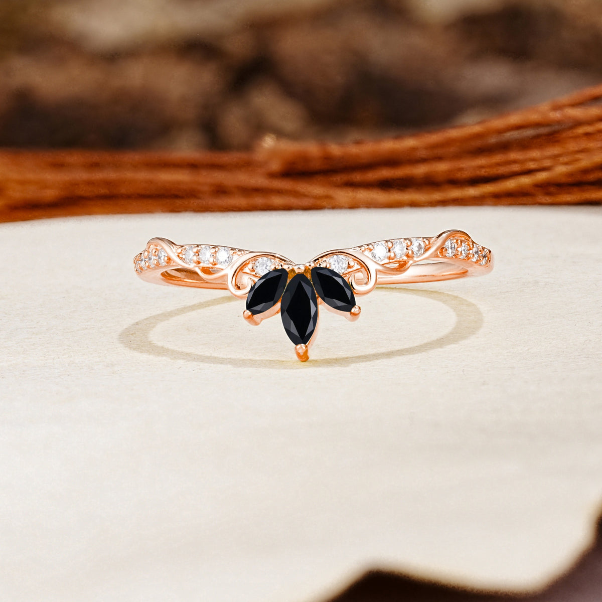 Nature-Inspired Twisted & Entwined 2-Prong Marquise Cut Black Onyx Wedding Ring - Additional view
