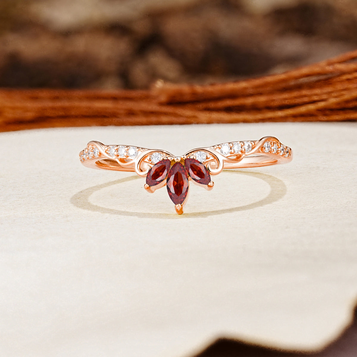 Nature-Inspired Twisted & Entwined 2-Prong Marquise Cut Garnet Wedding Ring - Additional view