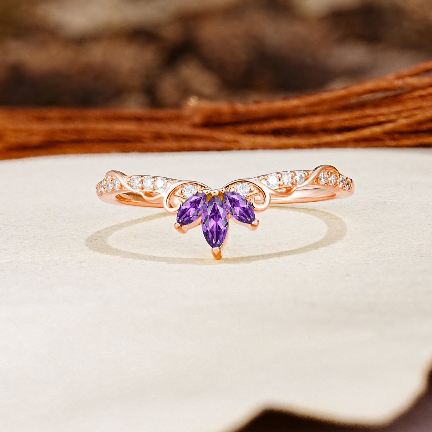 Nature-Inspired Twisted & Entwined 2-Prong Marquise Cut Amethyst Wedding Ring - Additional view