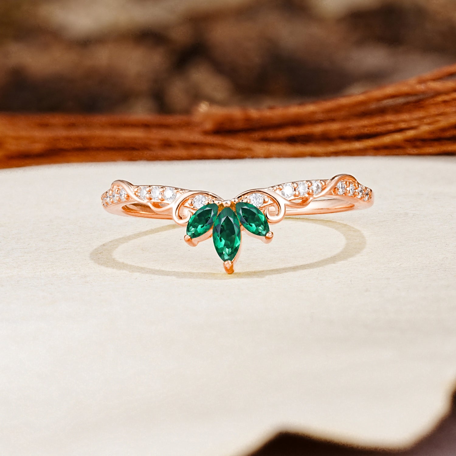 Nature-Inspired Twisted & Entwined 2-Prong Marquise Cut Emerald Wedding Ring - Additional view