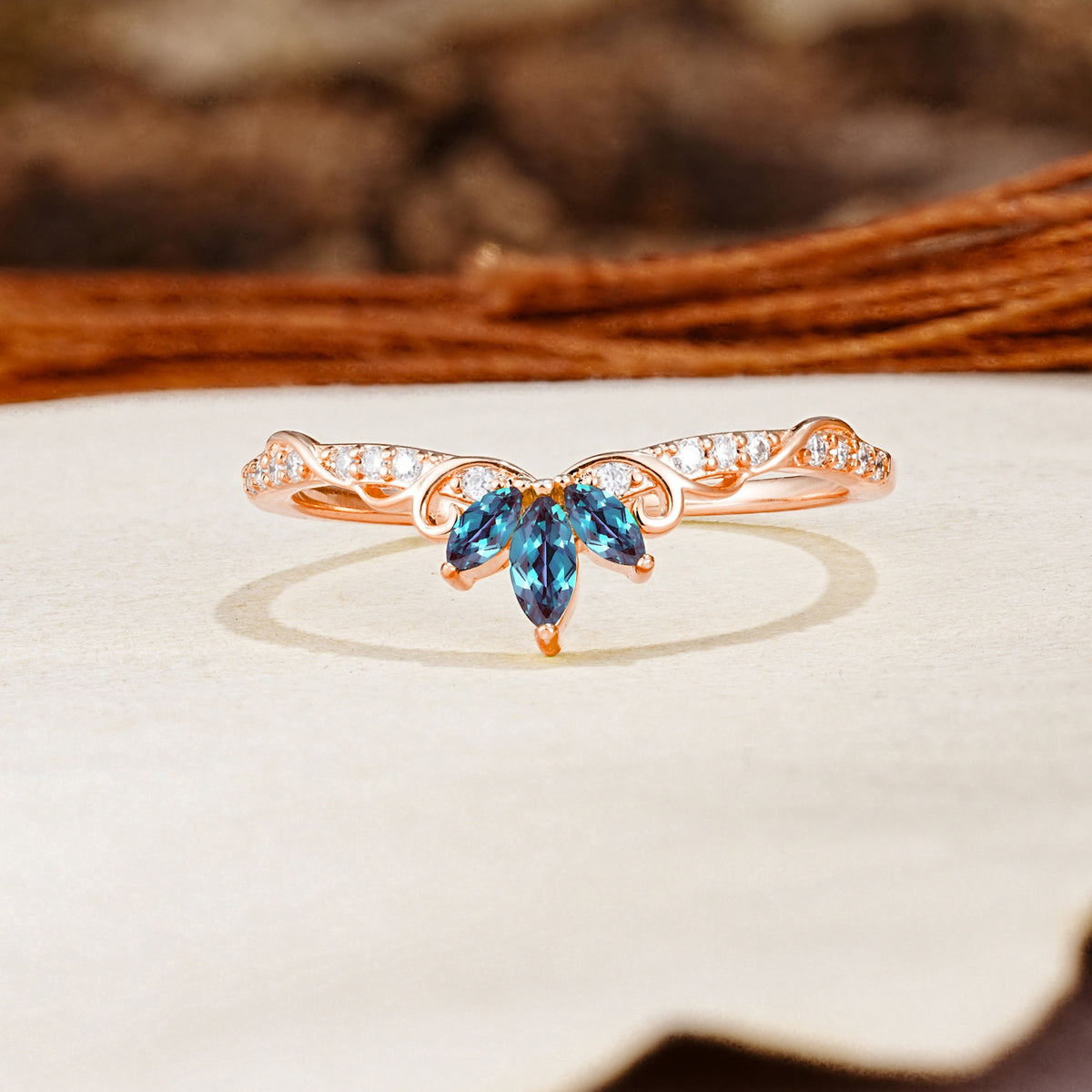 Nature-Inspired Twisted & Entwined 2-Prong Marquise Cut Alexandrite Wedding Ring - Additional view