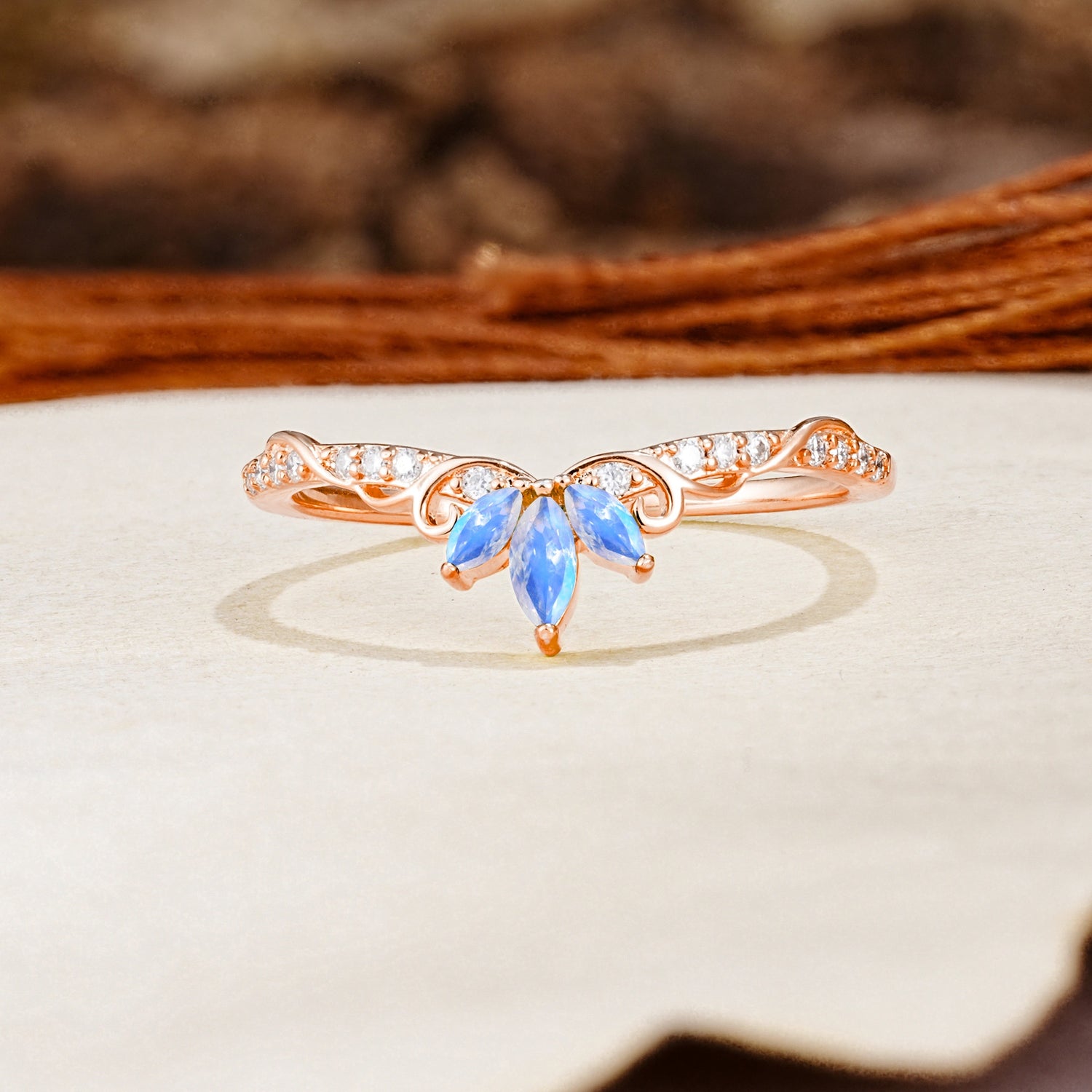 Nature-Inspired Twisted & Entwined 2-Prong Marquise Cut Moonstone Wedding Ring - Additional view