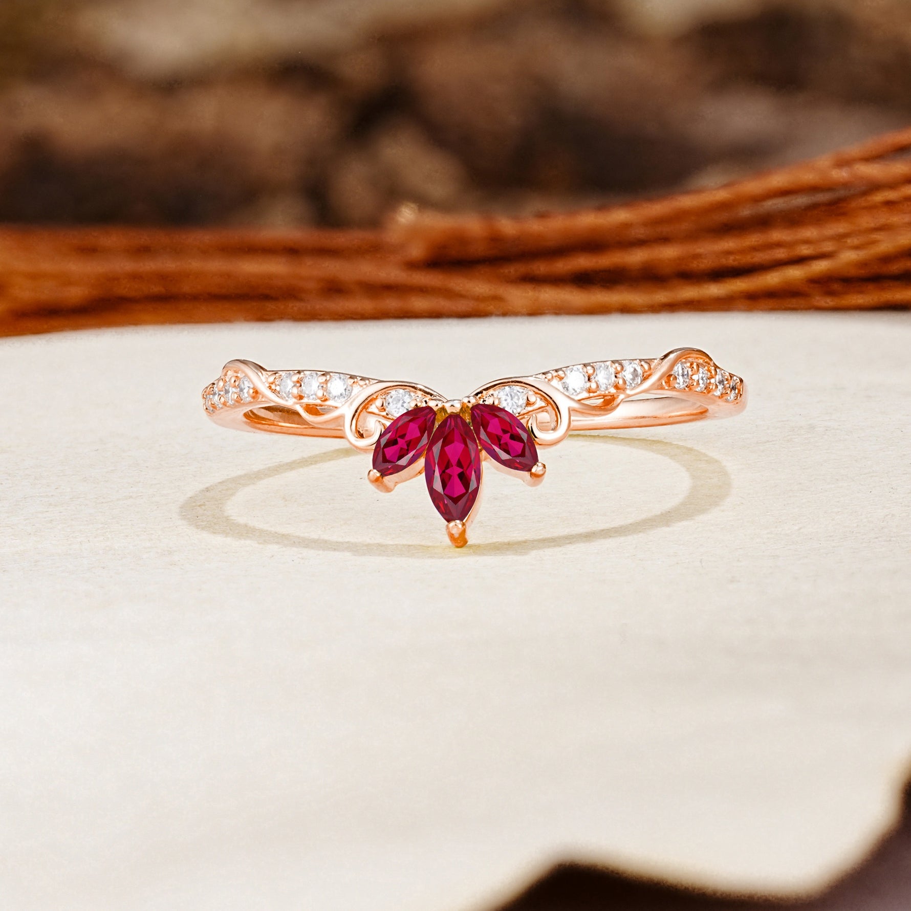 Nature-Inspired Twisted & Entwined 2-Prong Marquise Cut Ruby Wedding Ring - Additional view