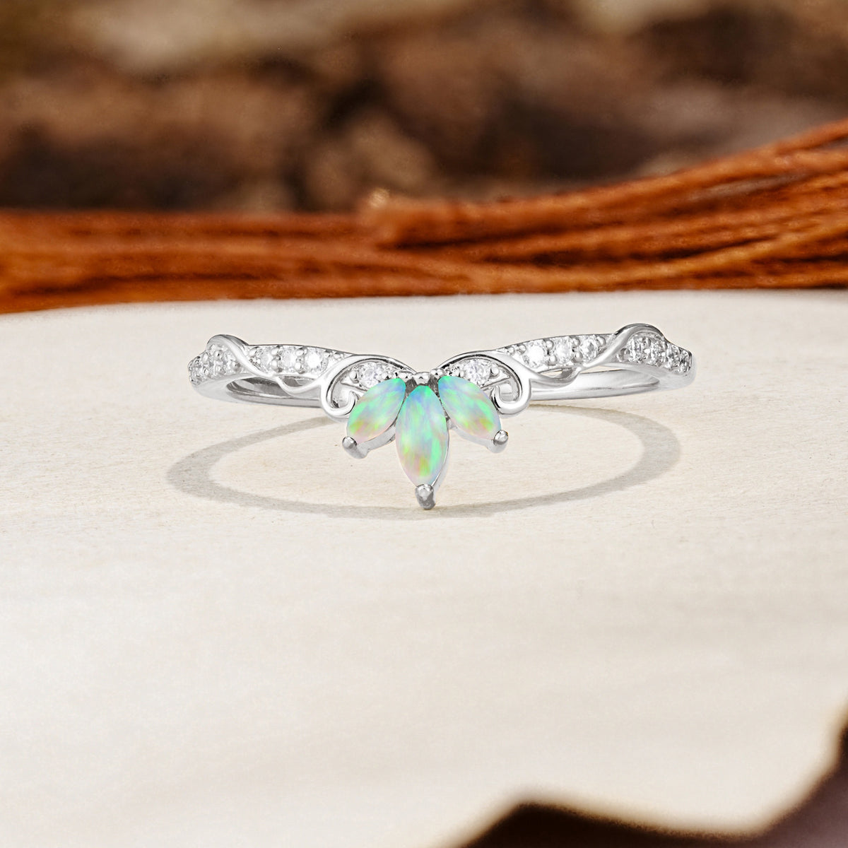 Nature-Inspired Twisted & Entwined 2-Prong Marquise Cut Fire Opal Wedding Ring - Additional view