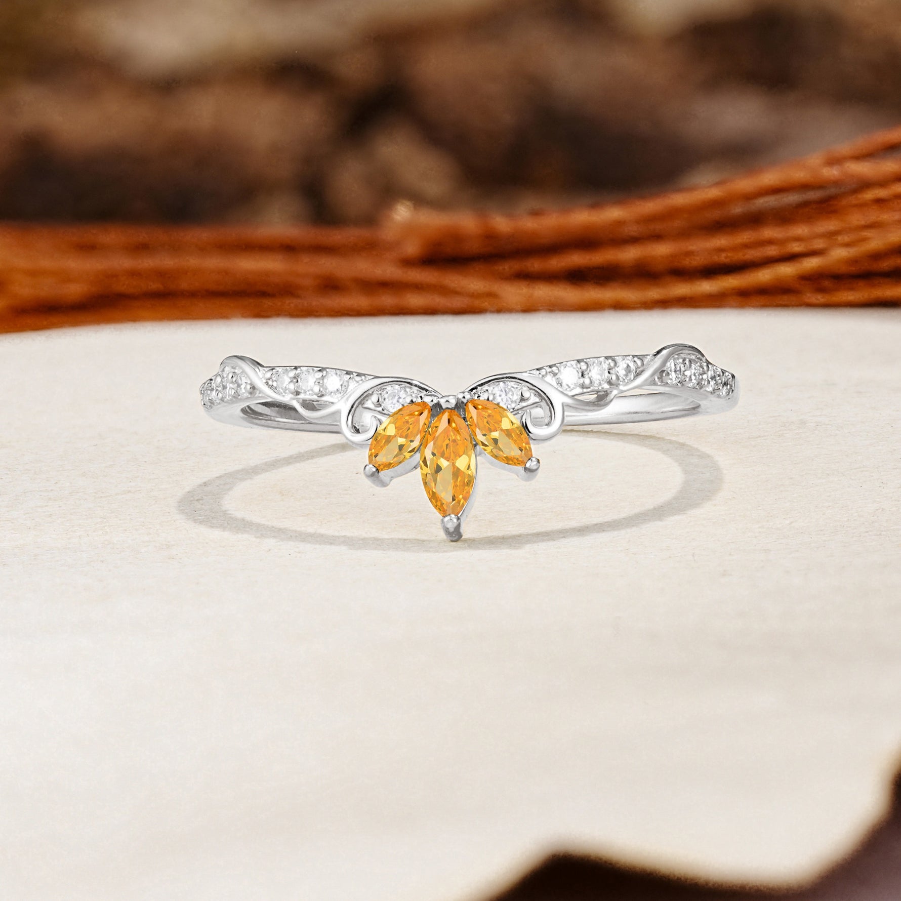 Nature-Inspired Twisted & Entwined 2-Prong Marquise Cut Citrine Wedding Ring - Additional view