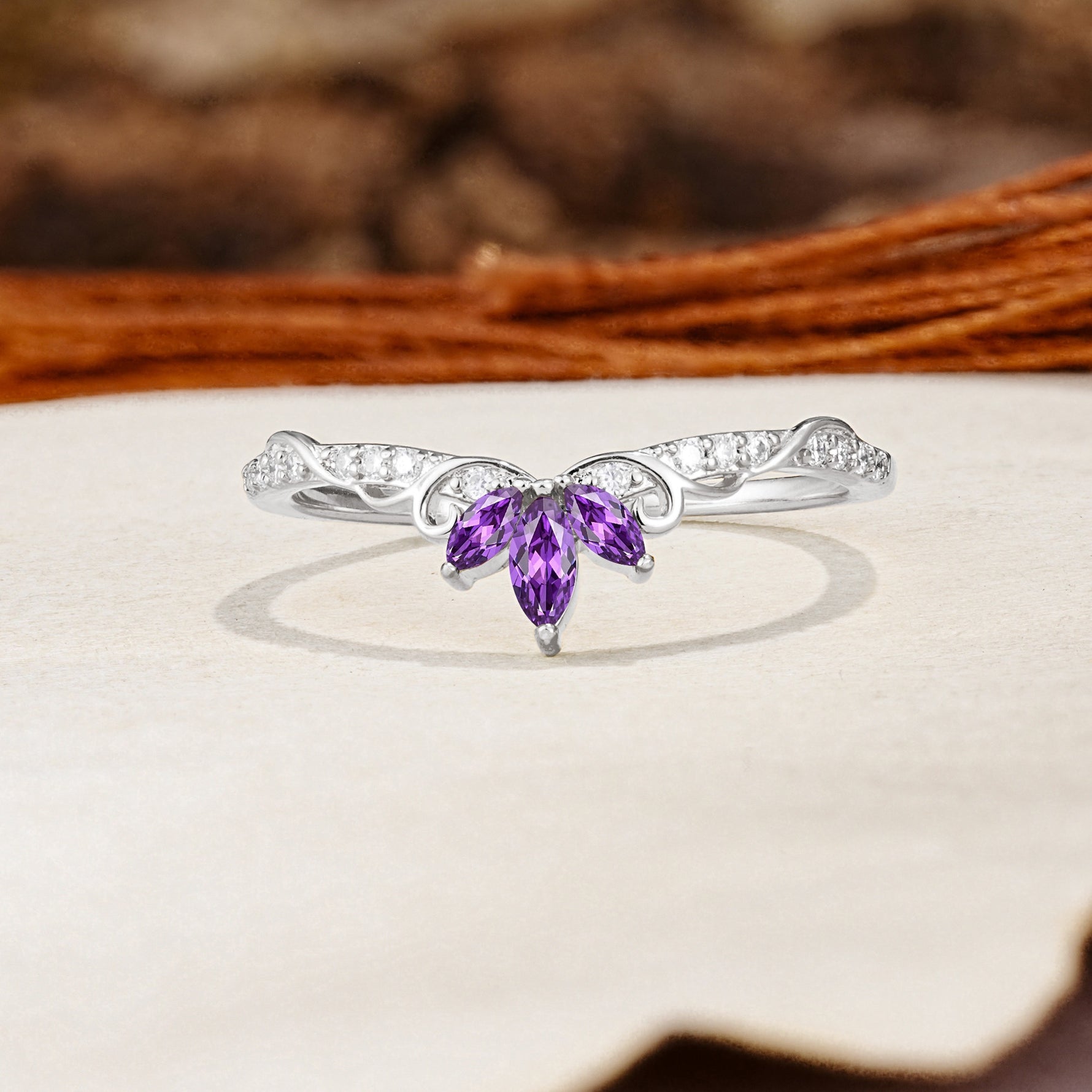 Nature-Inspired Twisted & Entwined 2-Prong Marquise Cut Amethyst Wedding Ring - Additional view