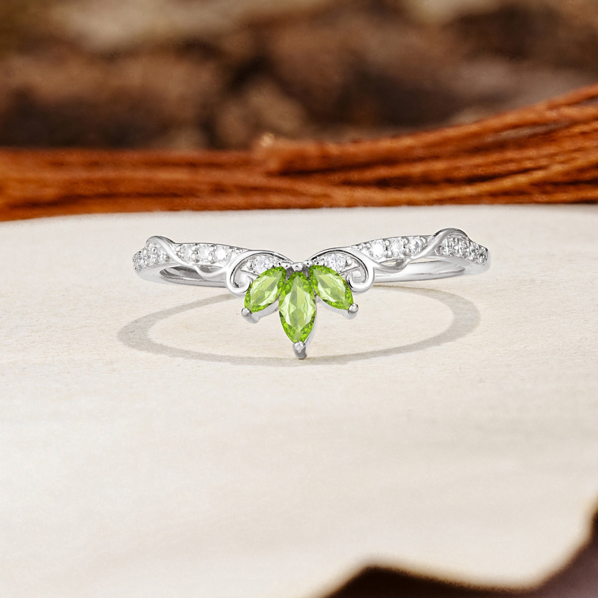 Nature-Inspired Twisted & Entwined 2-Prong Marquise Cut Peridot Wedding Ring - Additional view