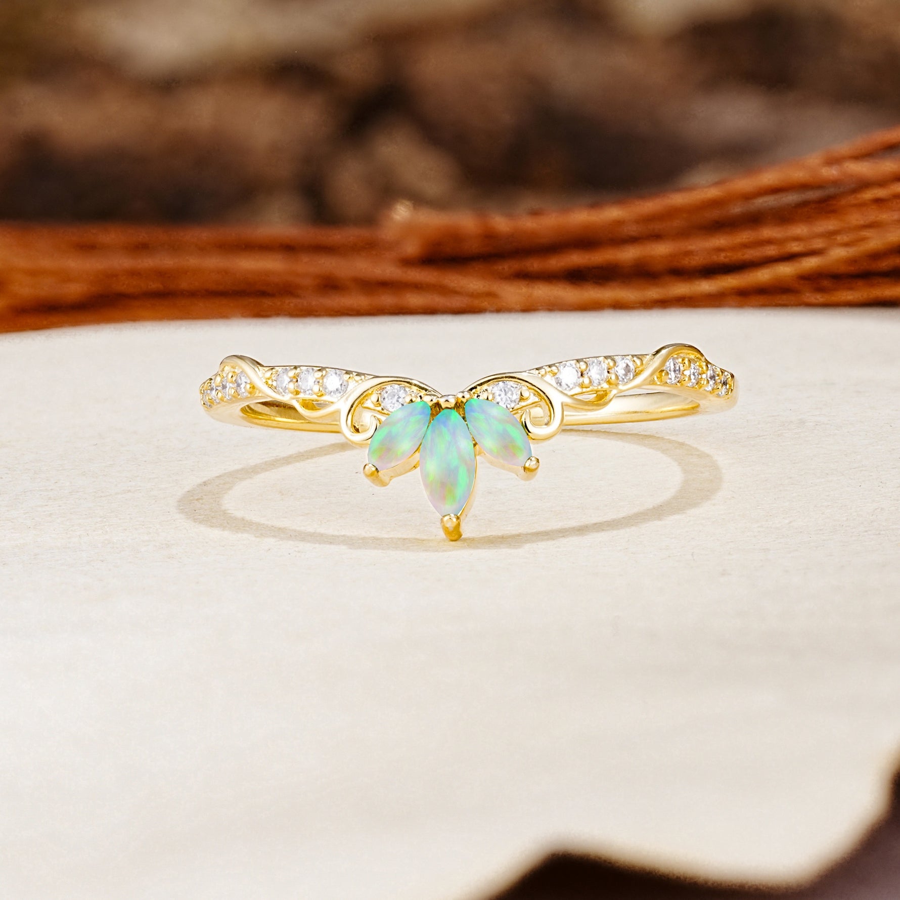 Nature-Inspired Twisted & Entwined 2-Prong Marquise Cut Fire Opal Wedding Ring - Additional view