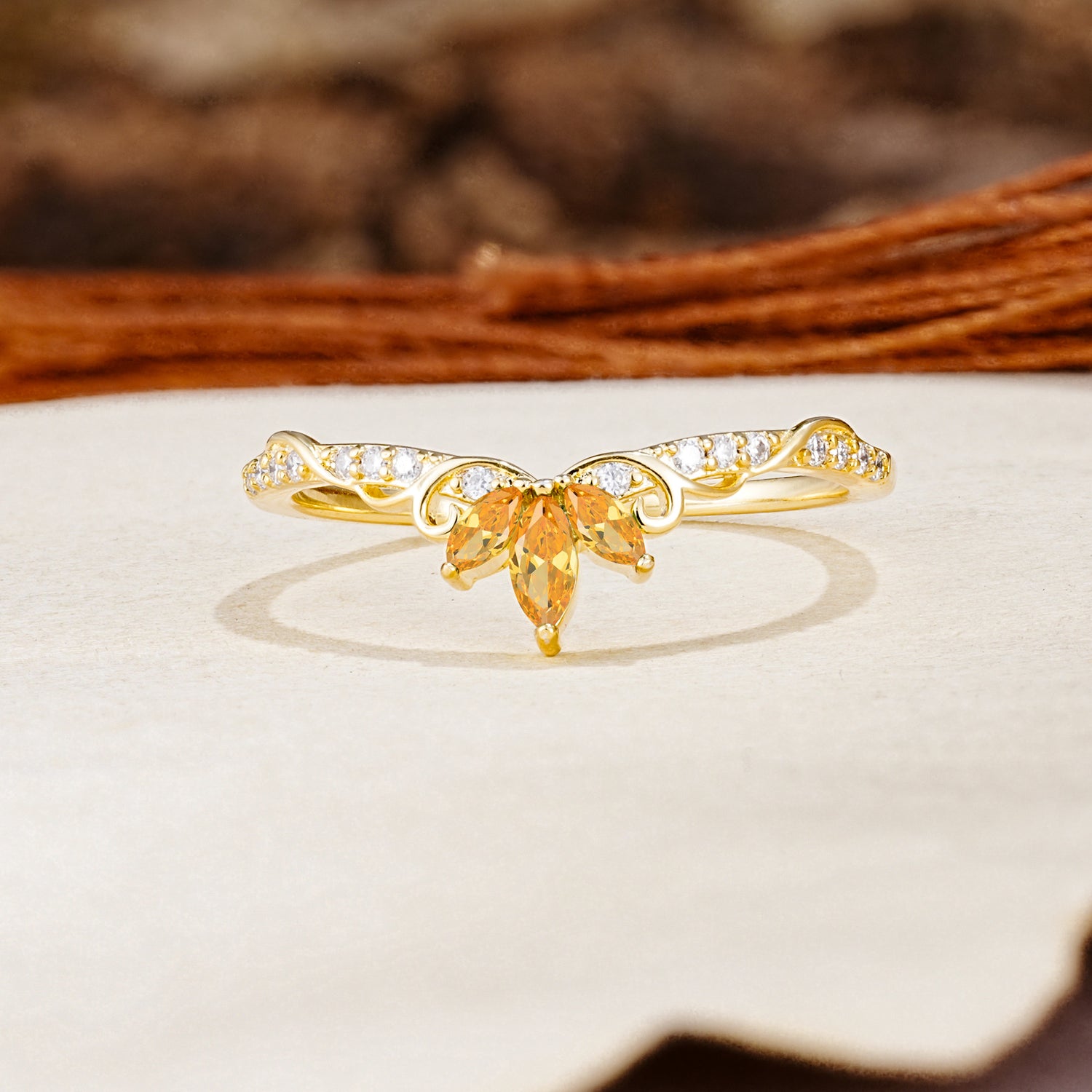 Nature-Inspired Twisted & Entwined 2-Prong Marquise Cut Citrine Wedding Ring