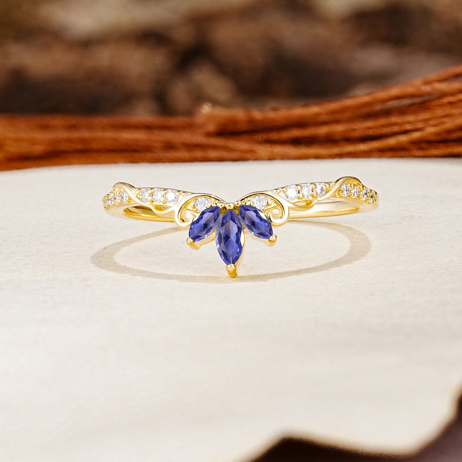 Nature-Inspired Twisted & Entwined 2-Prong Marquise Cut Tanzanite Wedding Ring