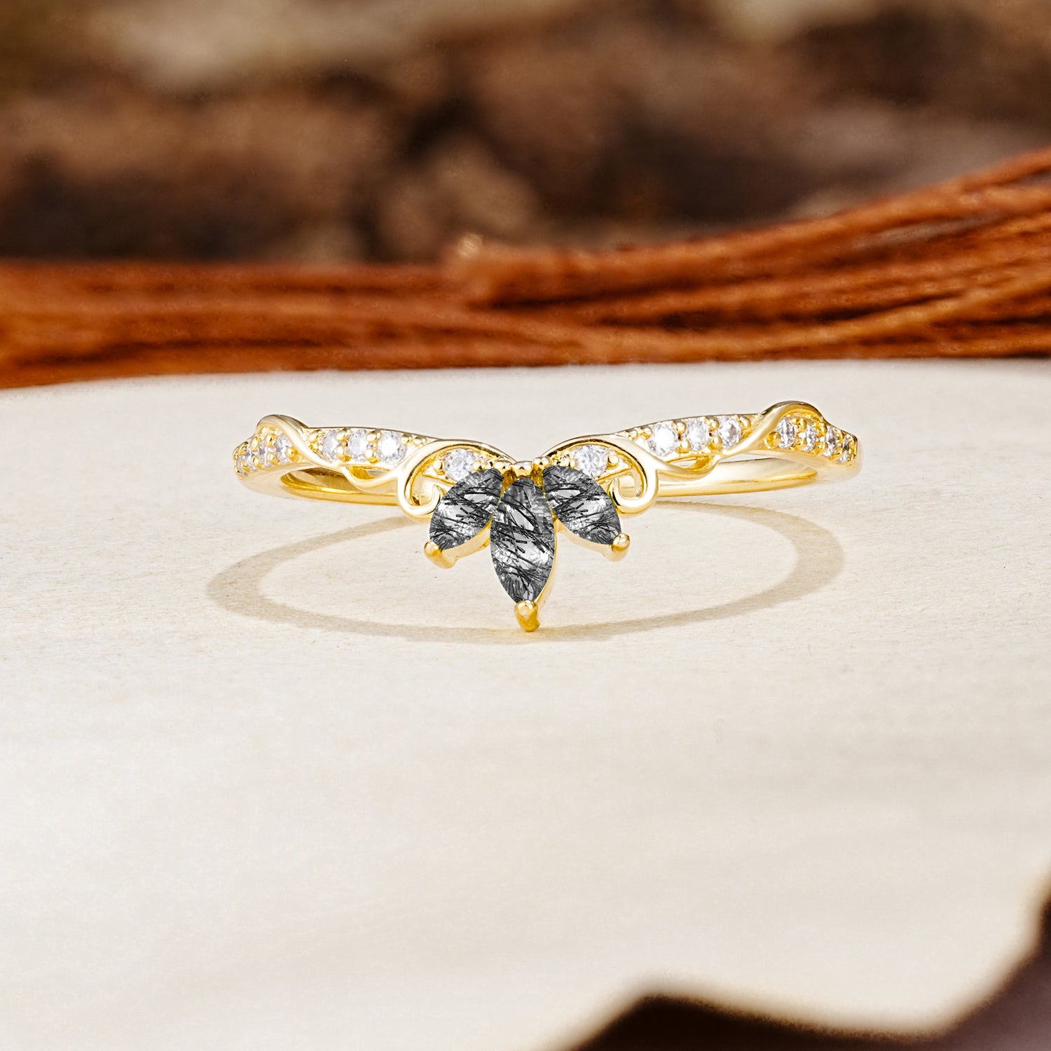 Nature-Inspired Twisted & Entwined 2-Prong Marquise Cut Black Rutilated Quartz Wedding Ring