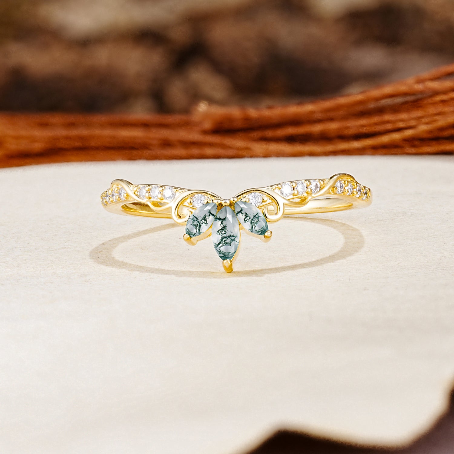 Nature-Inspired Twisted & Entwined 2-Prong Marquise Cut Moss Agate Wedding Ring