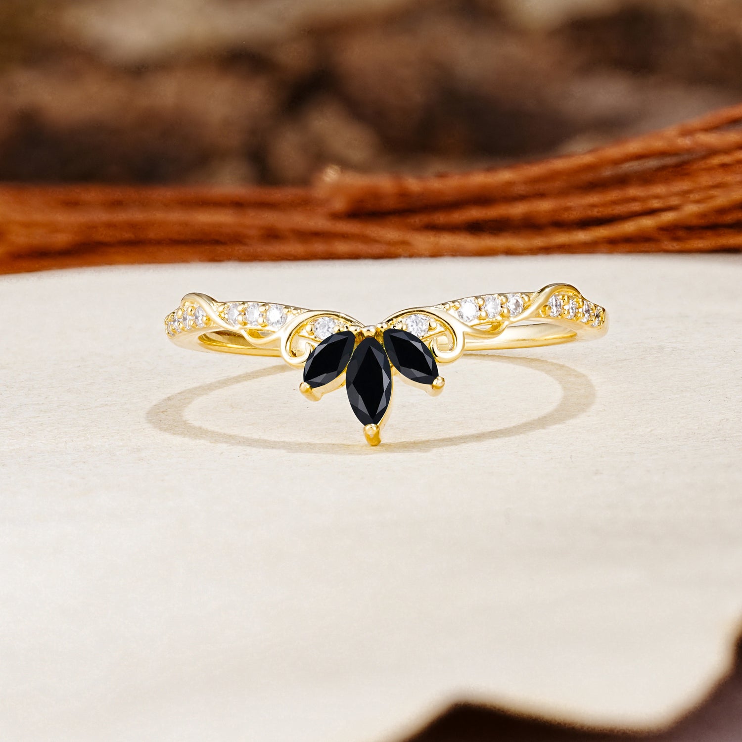 Nature-Inspired Twisted & Entwined 2-Prong Marquise Cut Black Onyx Wedding Ring