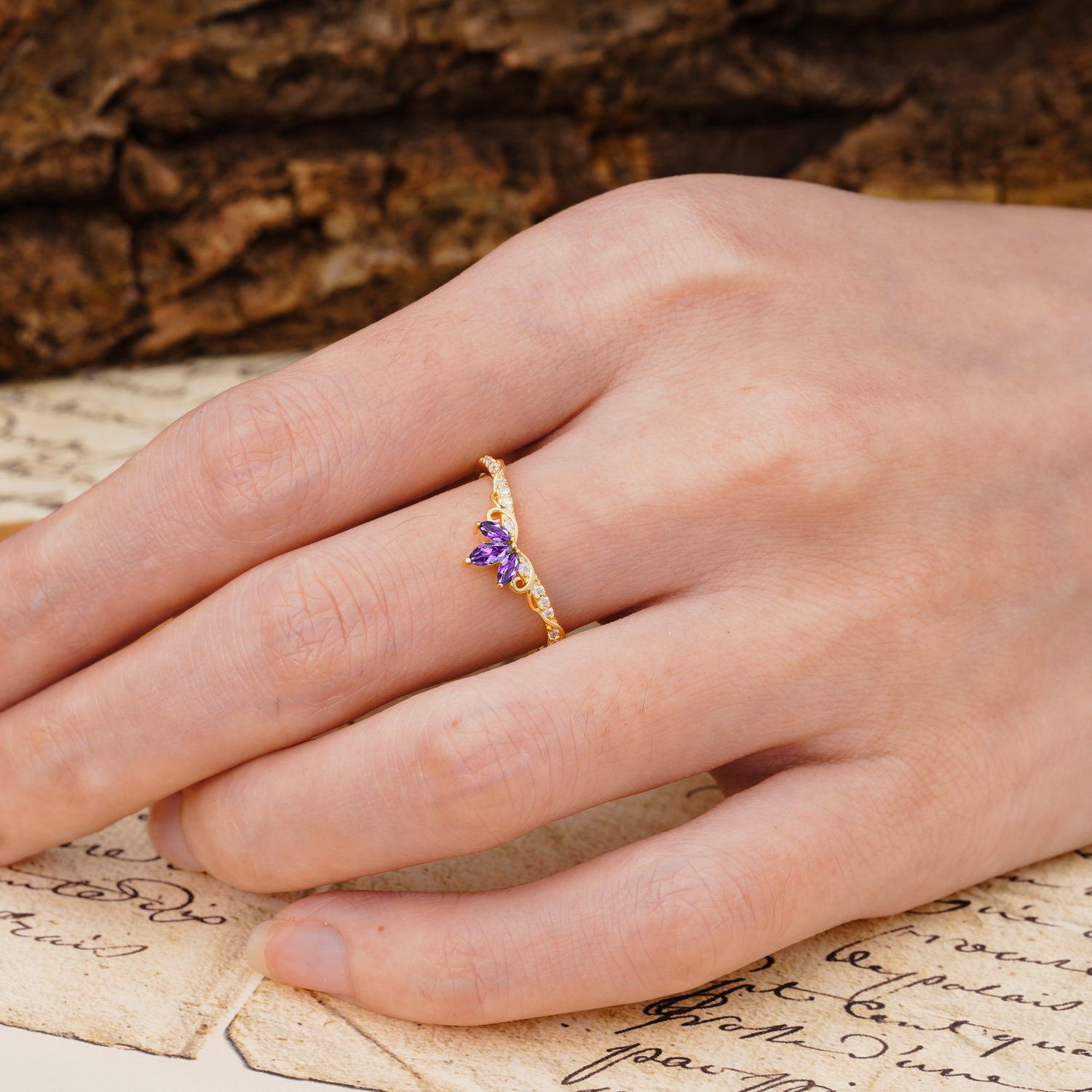 Nature-Inspired Twisted & Entwined 2-Prong Marquise Cut Amethyst Wedding Ring