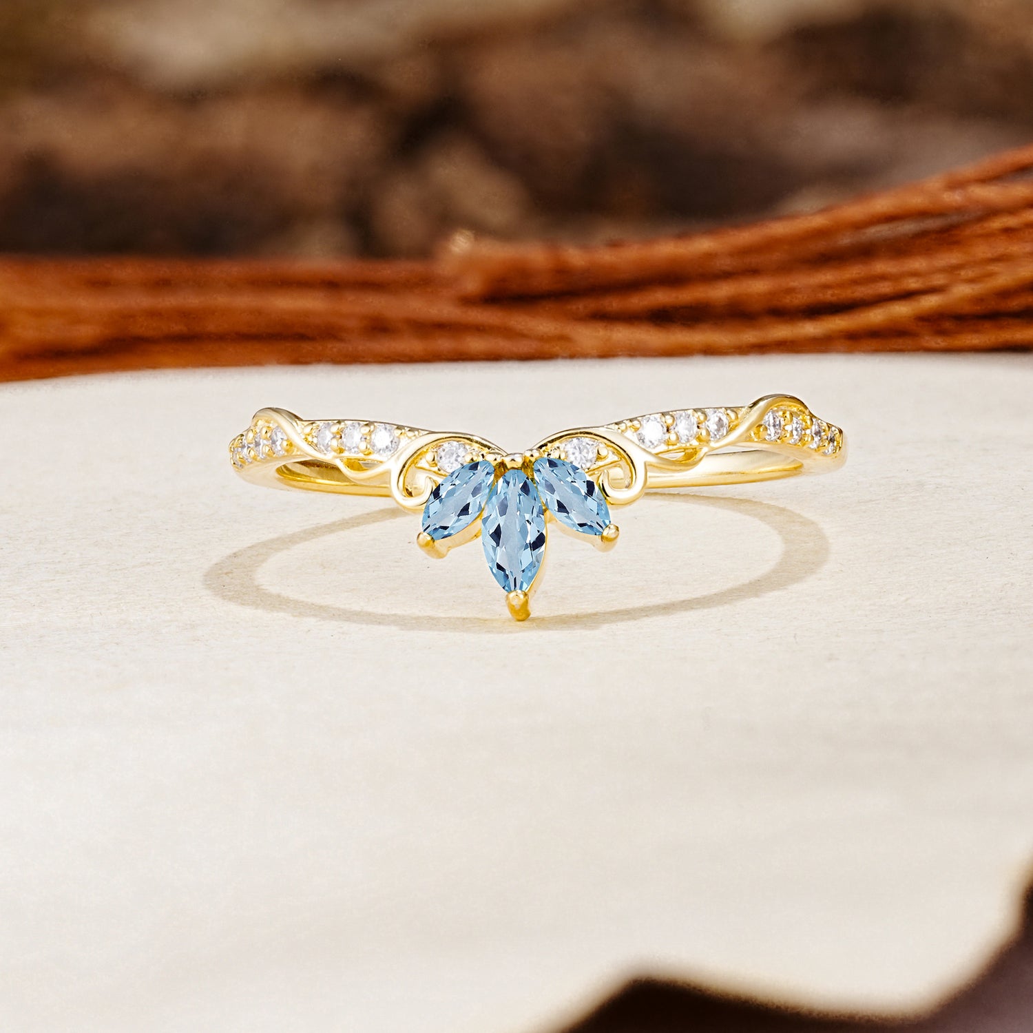 Nature-Inspired Twisted & Entwined 2-Prong Marquise Cut Aquamarine Wedding Ring