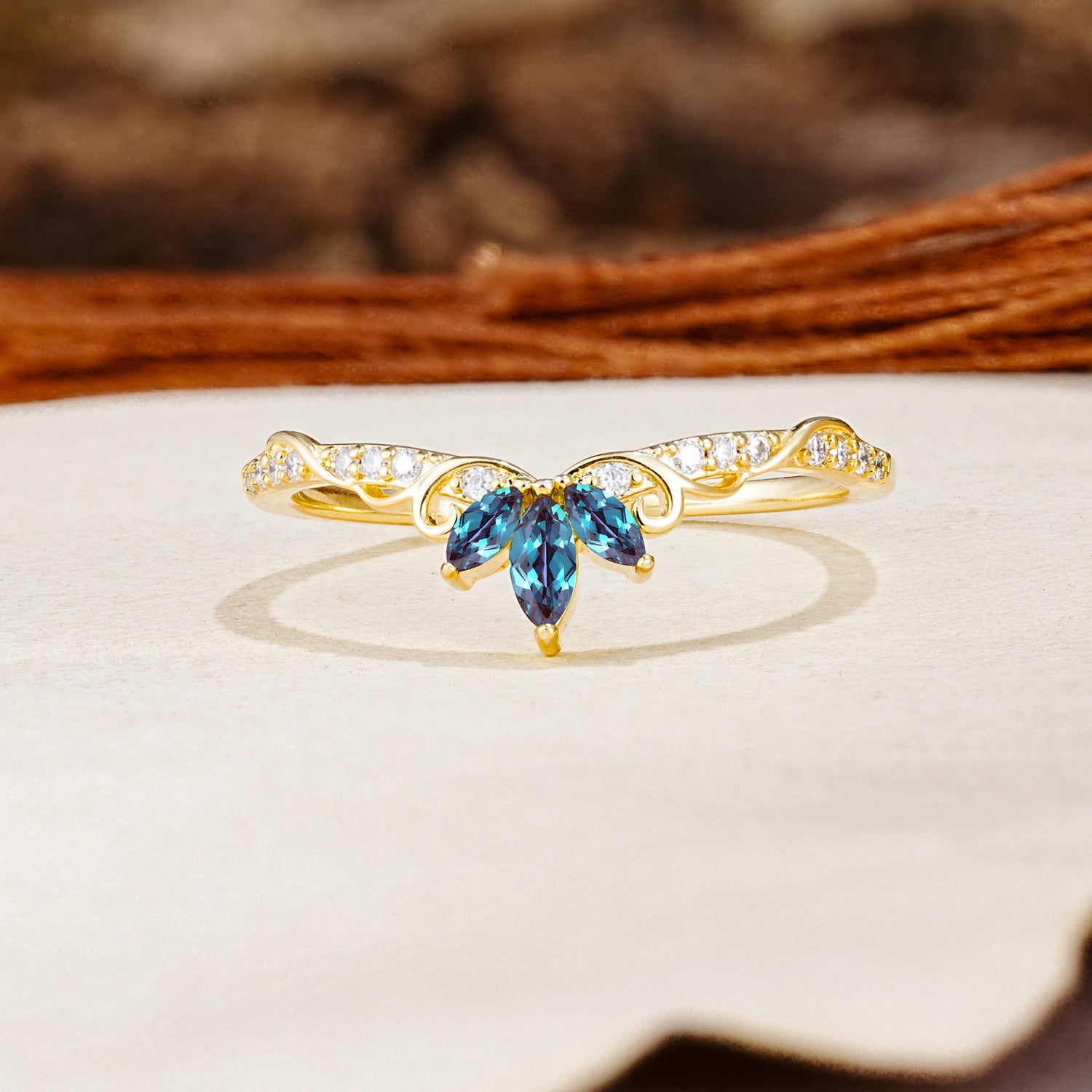 Nature-Inspired Twisted & Entwined 2-Prong Marquise Cut Alexandrite Wedding Ring