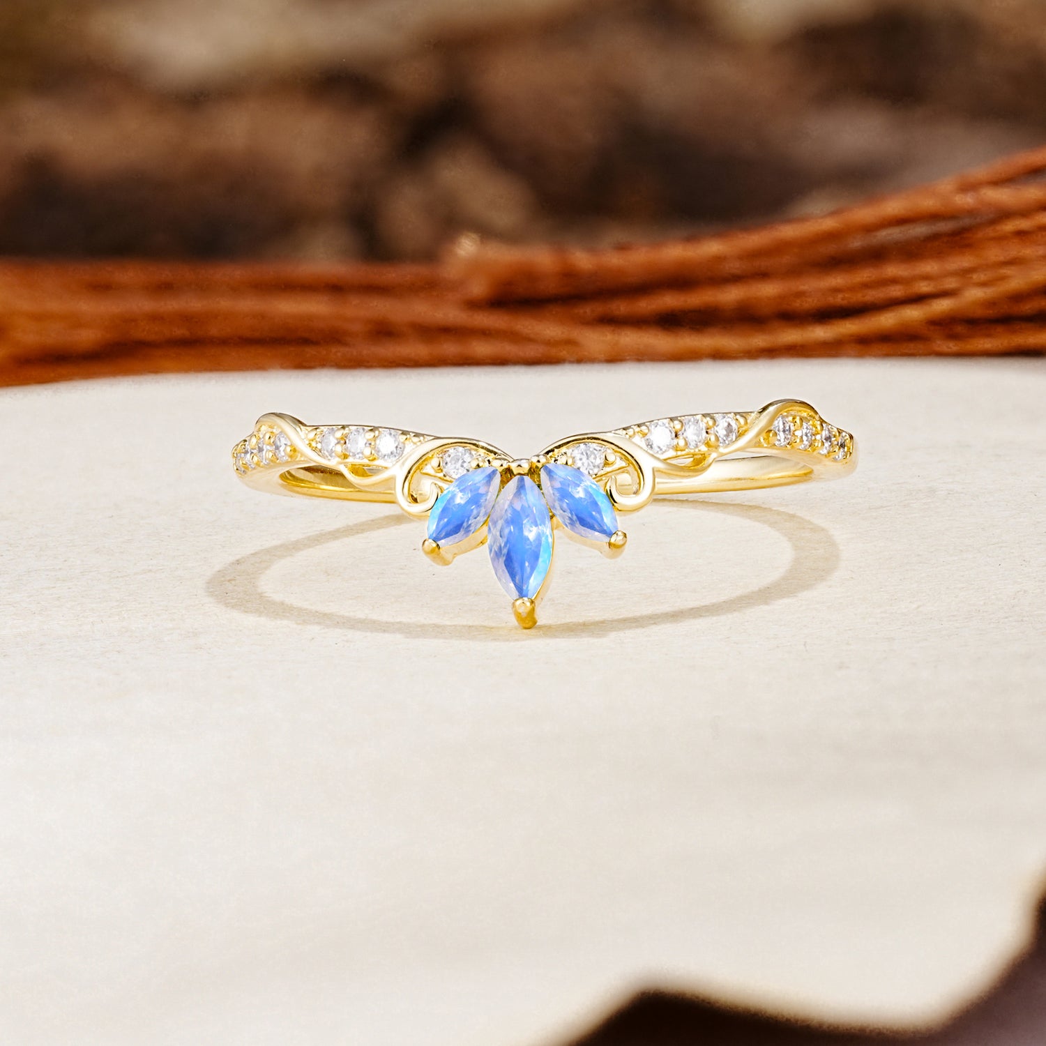 Nature-Inspired Twisted & Entwined 2-Prong Marquise Cut Moonstone Wedding Ring