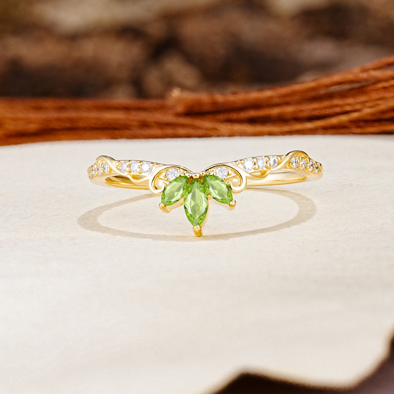 Nature-Inspired Twisted & Entwined 2-Prong Marquise Cut Peridot Wedding Ring