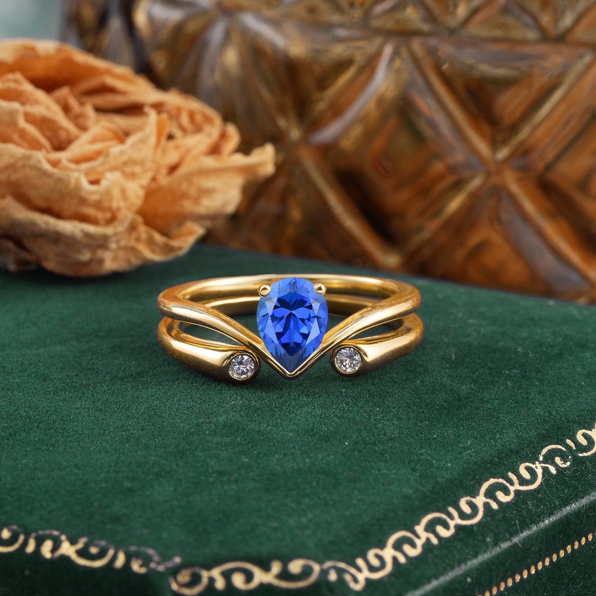 Elegant Pear Cut Sapphire  with Curved Split Shank and Flanking Round Brilliant Accents Bridal Ring Set - Yellow-Gold