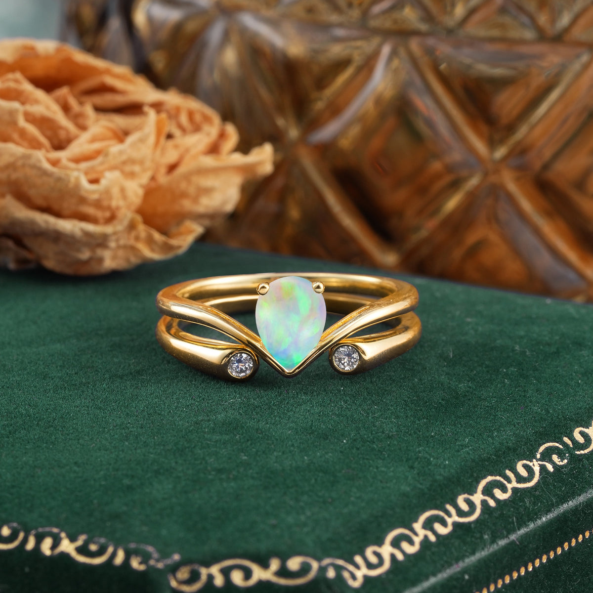 Elegant Pear Cut Fire Opal  with Curved Split Shank and Flanking Round Brilliant Accents Bridal Ring Set - Yellow-Gold