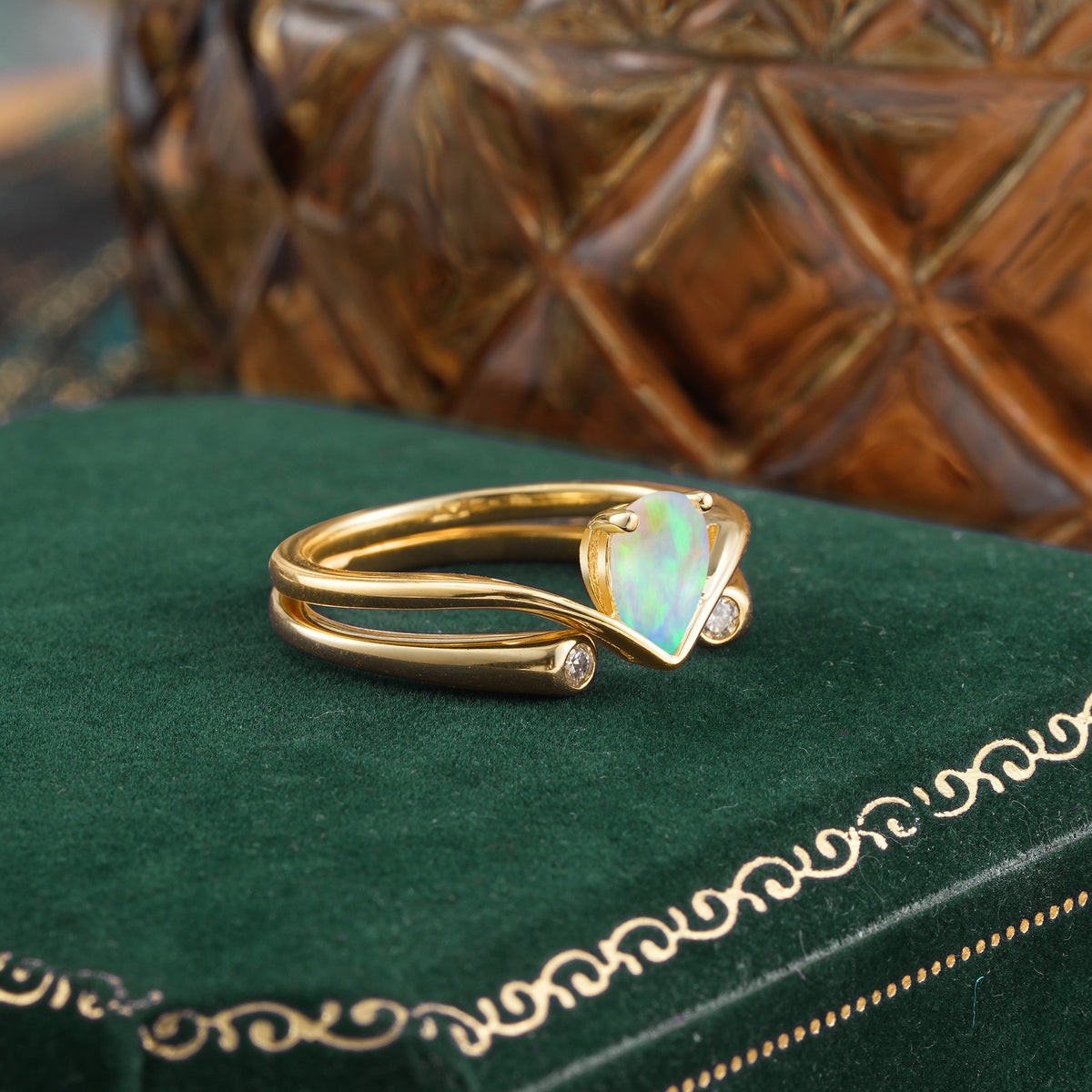 Elegant Pear Cut Fire Opal  with Curved Split Shank and Flanking Round Brilliant Accents Bridal Ring Set - Rose-Gold