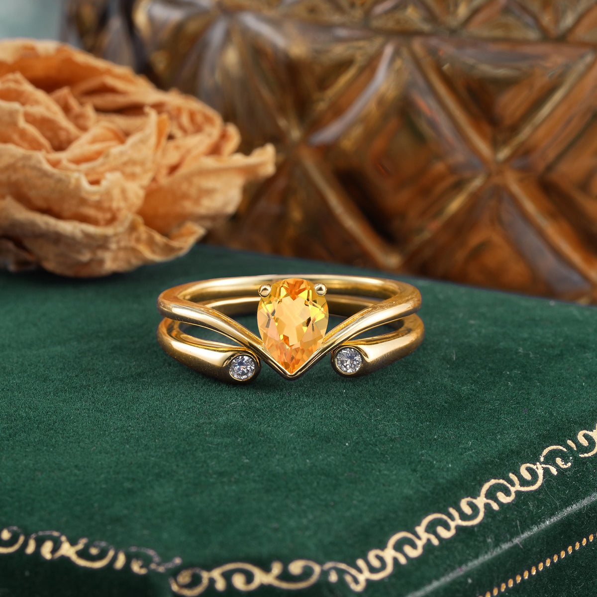 Elegant Pear Cut Citrine  with Curved Split Shank and Flanking Round Brilliant Accents Bridal Ring Set - Yellow-Gold