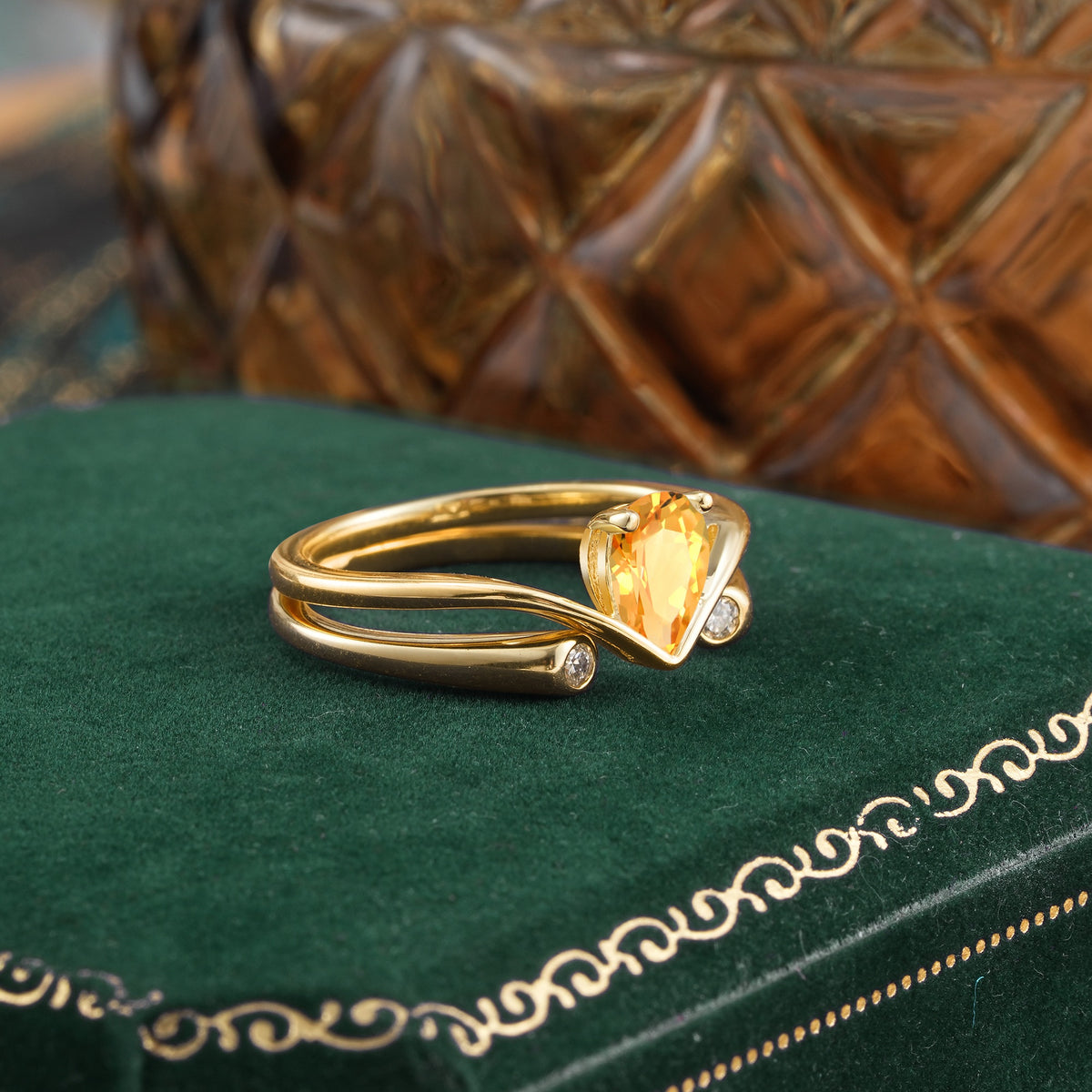 Elegant Pear Cut Citrine  with Curved Split Shank and Flanking Round Brilliant Accents Bridal Ring Set - Rose-Gold