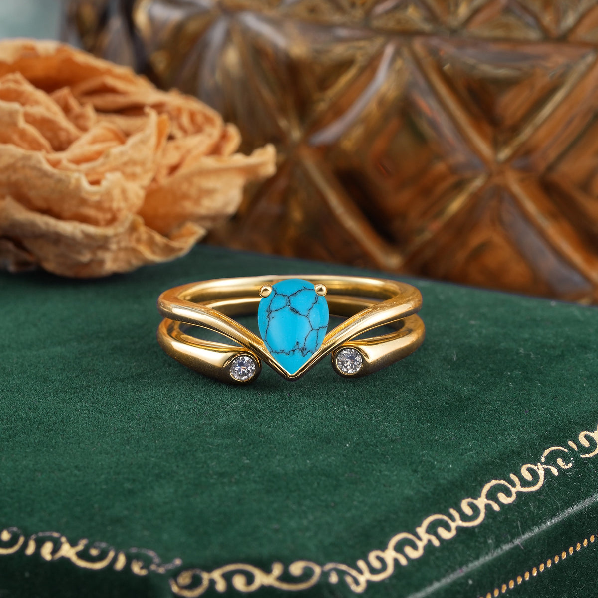 Elegant Pear Cut Turquoise  with Curved Split Shank and Flanking Round Brilliant Accents Bridal Ring Set - Yellow-Gold