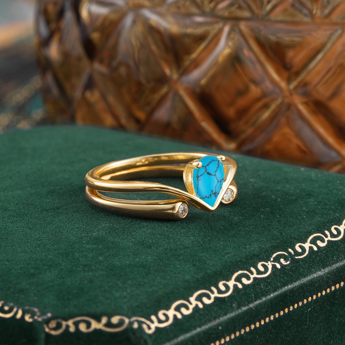 Elegant Pear Cut Turquoise  with Curved Split Shank and Flanking Round Brilliant Accents Bridal Ring Set - Rose-Gold