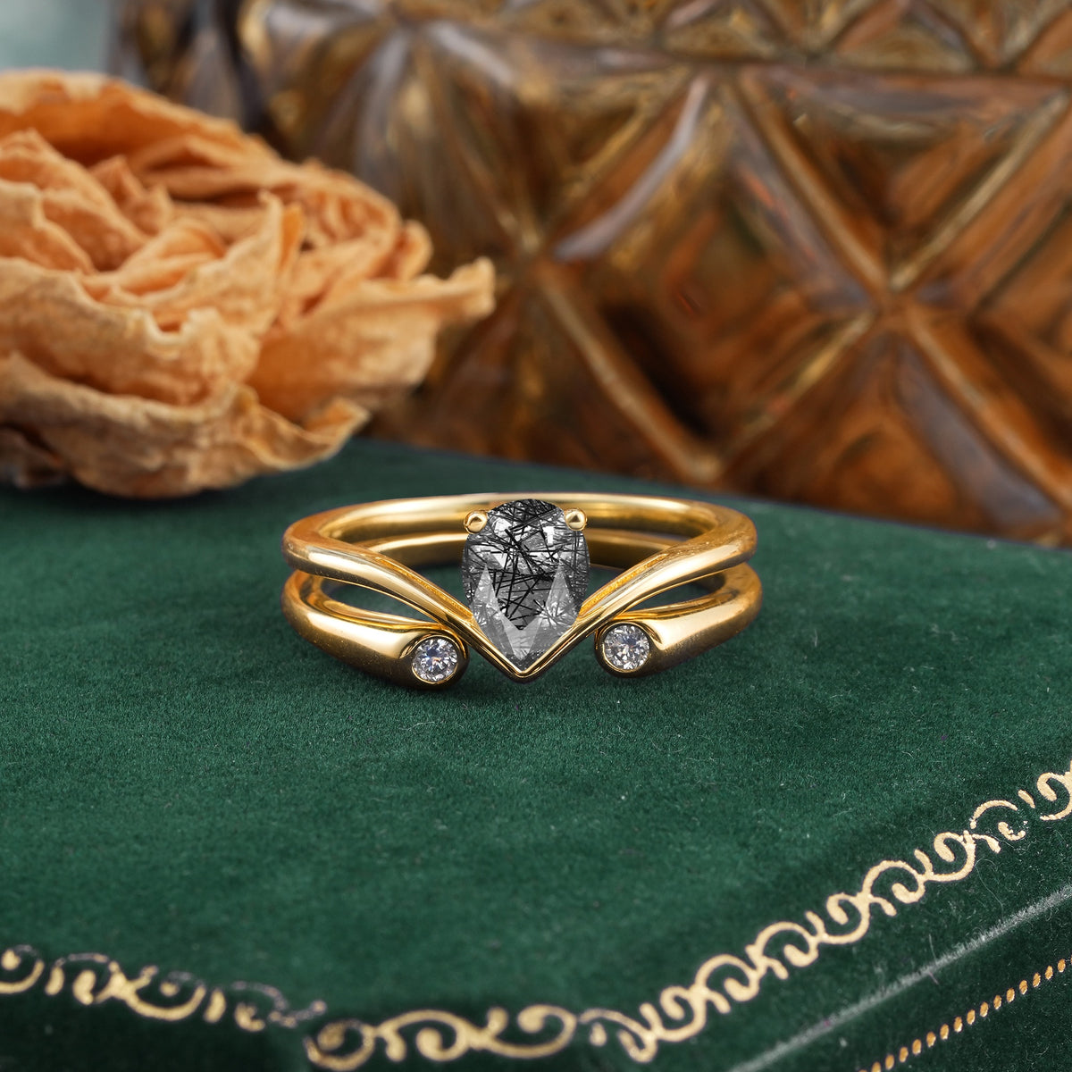 Elegant Pear Cut Black Rutilated Quartz  with Curved Split Shank and Flanking Round Brilliant Accents Bridal Ring Set - Yellow-Gold