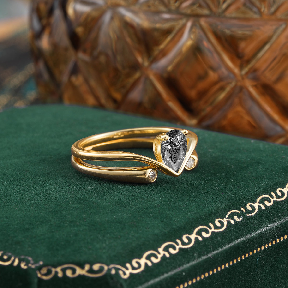 Elegant Pear Cut Black Rutilated Quartz  with Curved Split Shank and Flanking Round Brilliant Accents Bridal Ring Set - Rose-Gold