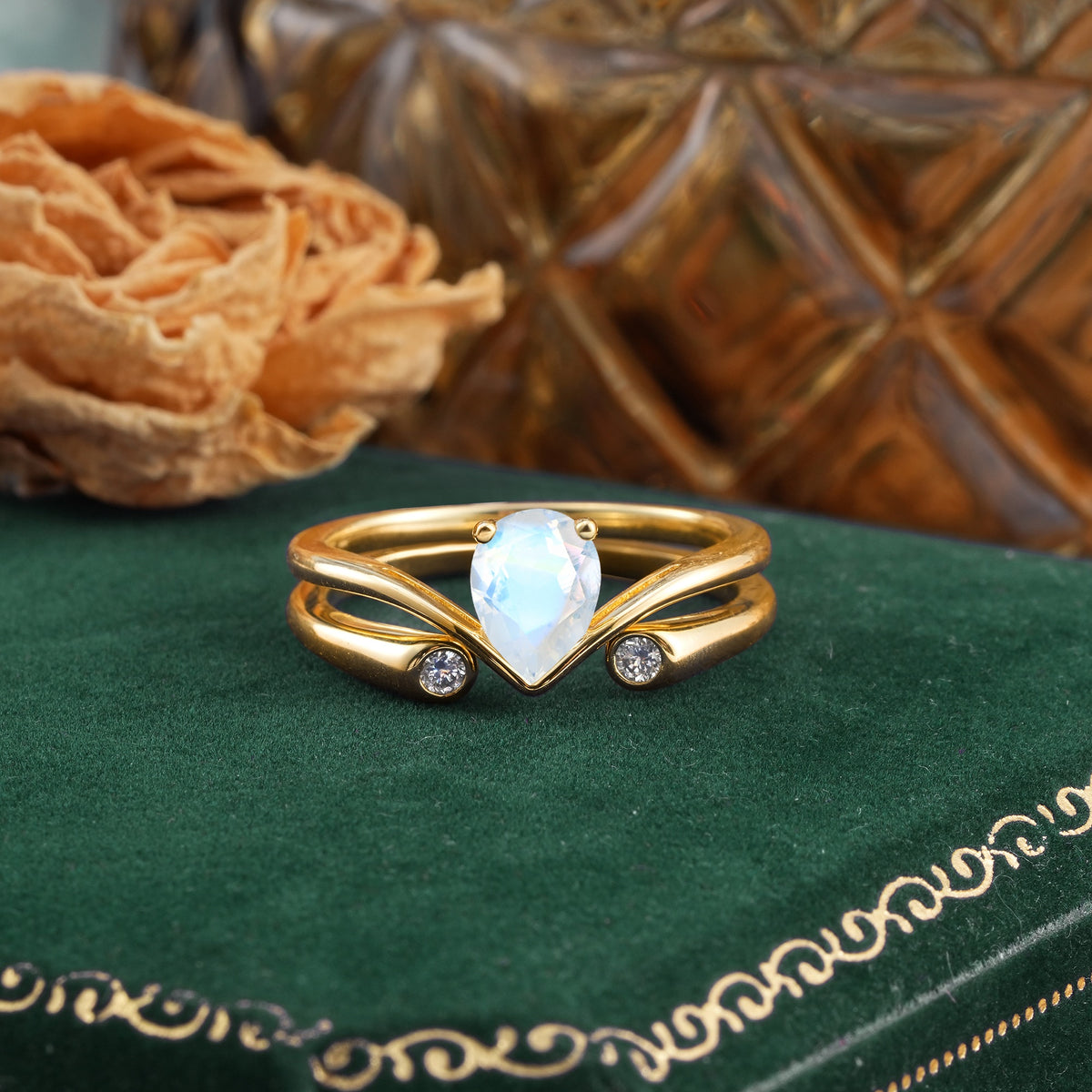 Elegant Pear Cut Moonstone  with Curved Split Shank and Flanking Round Brilliant Accents Bridal Ring Set - Yellow-Gold