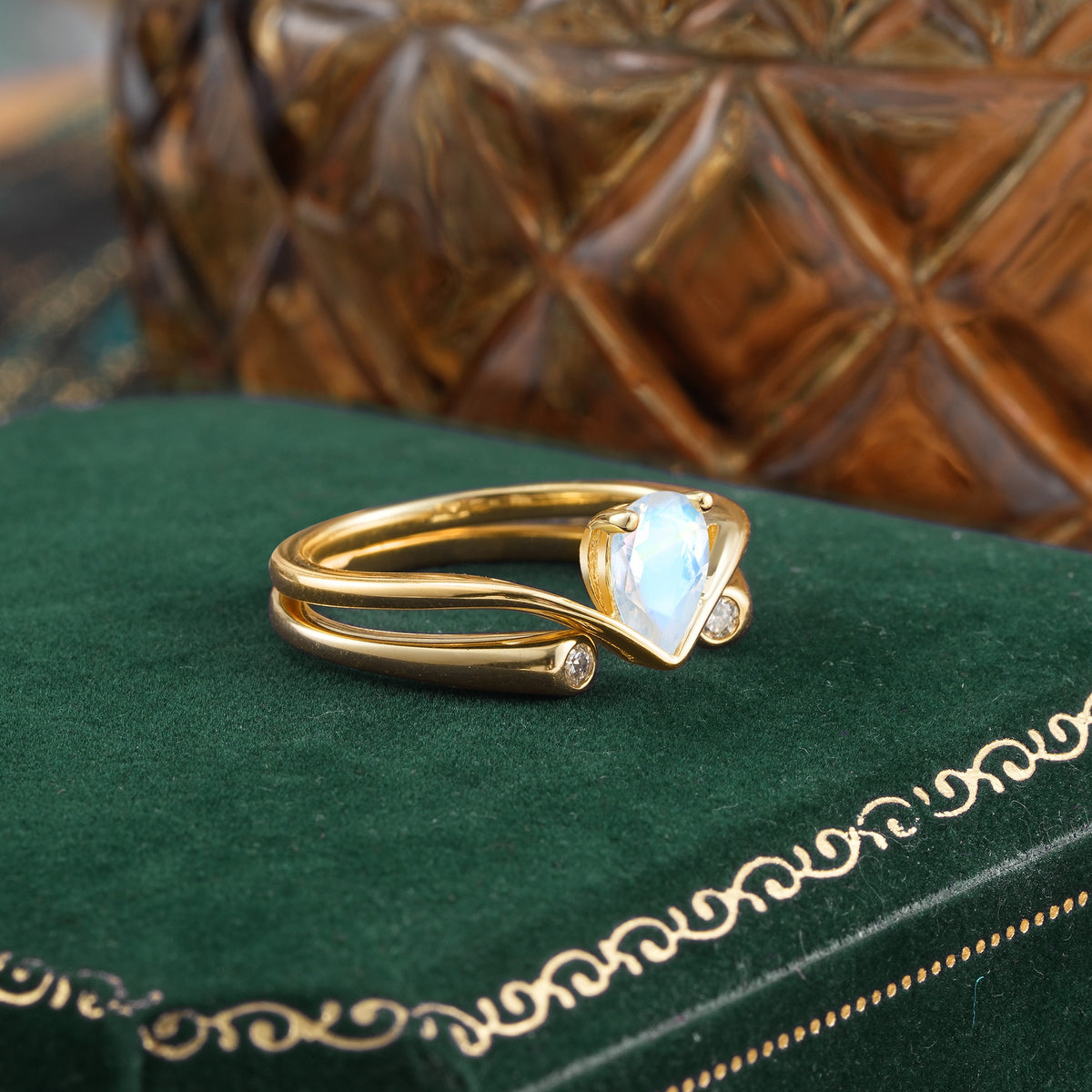 Elegant Pear Cut Moonstone  with Curved Split Shank and Flanking Round Brilliant Accents Bridal Ring Set - Rose-Gold
