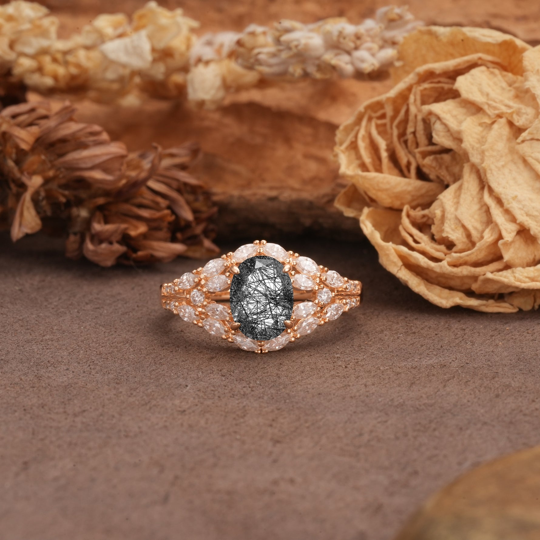 Unique and Luxurious 4-Prong Oval Cut Black Rutilated Quartz Engagement Ring - Additional view
