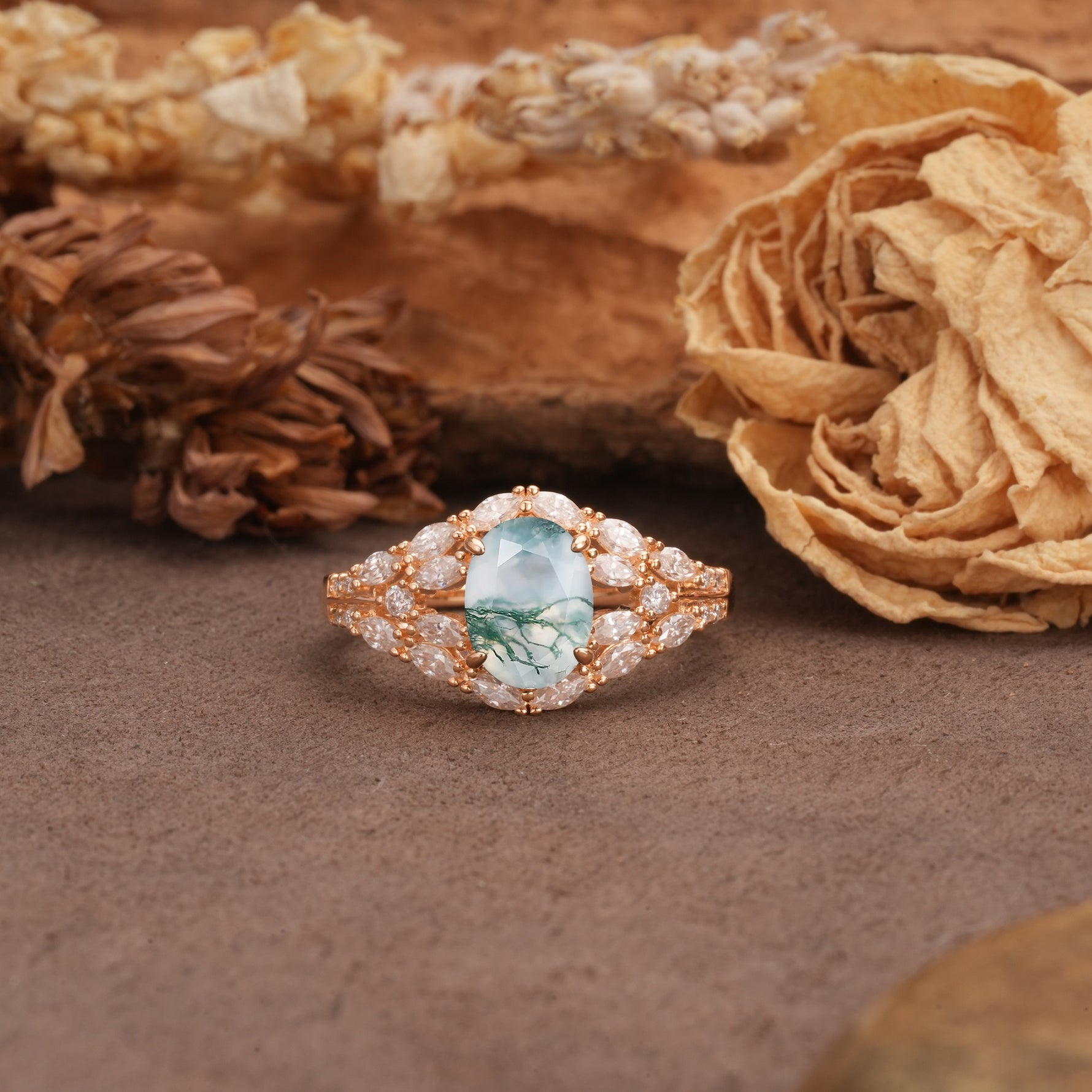 Unique and Luxurious 4-Prong Oval Cut Moss Agate Engagement Ring - Additional view